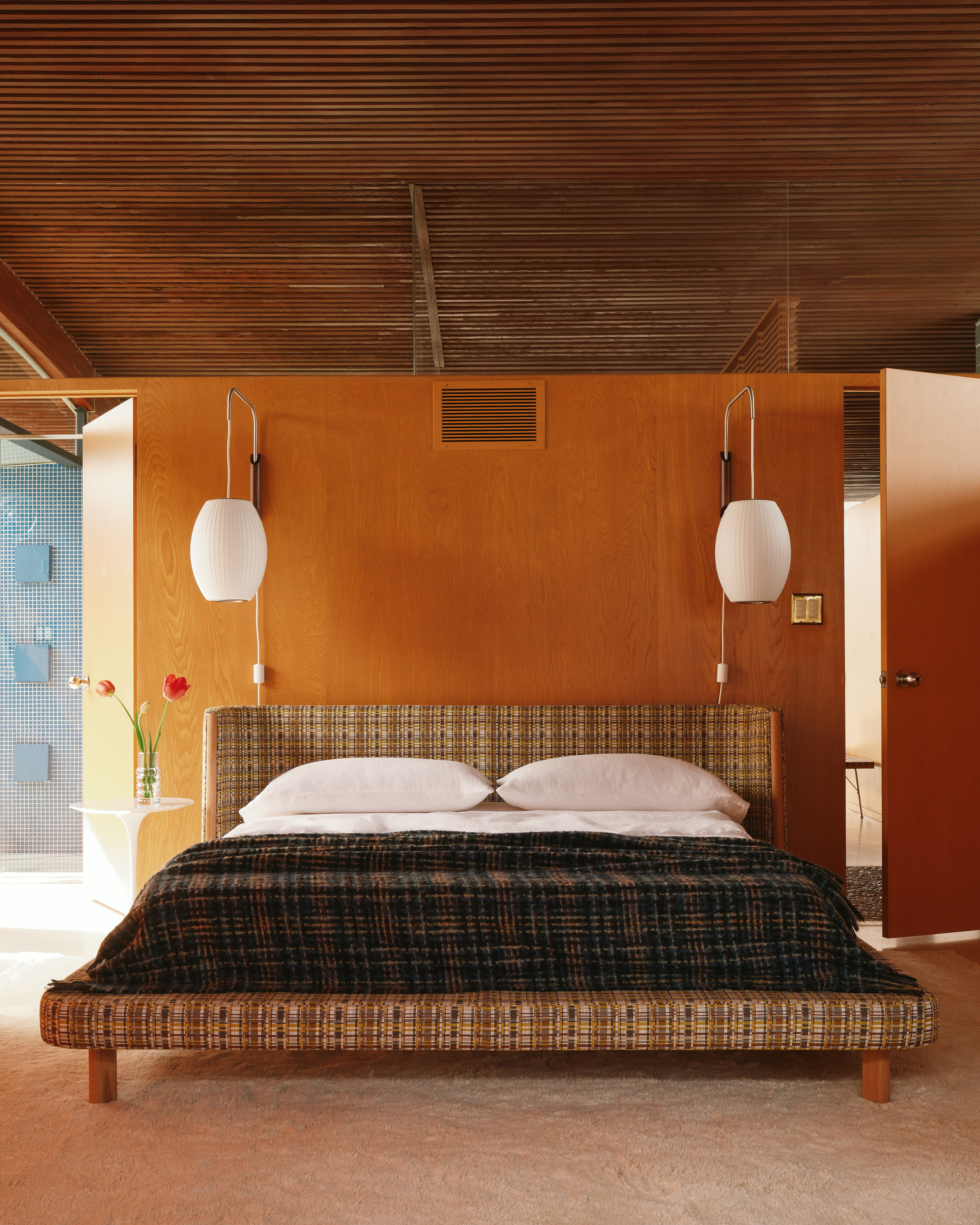 Emmy Bed in Stepped Plaid Trail with Nelson Cigar Sconces