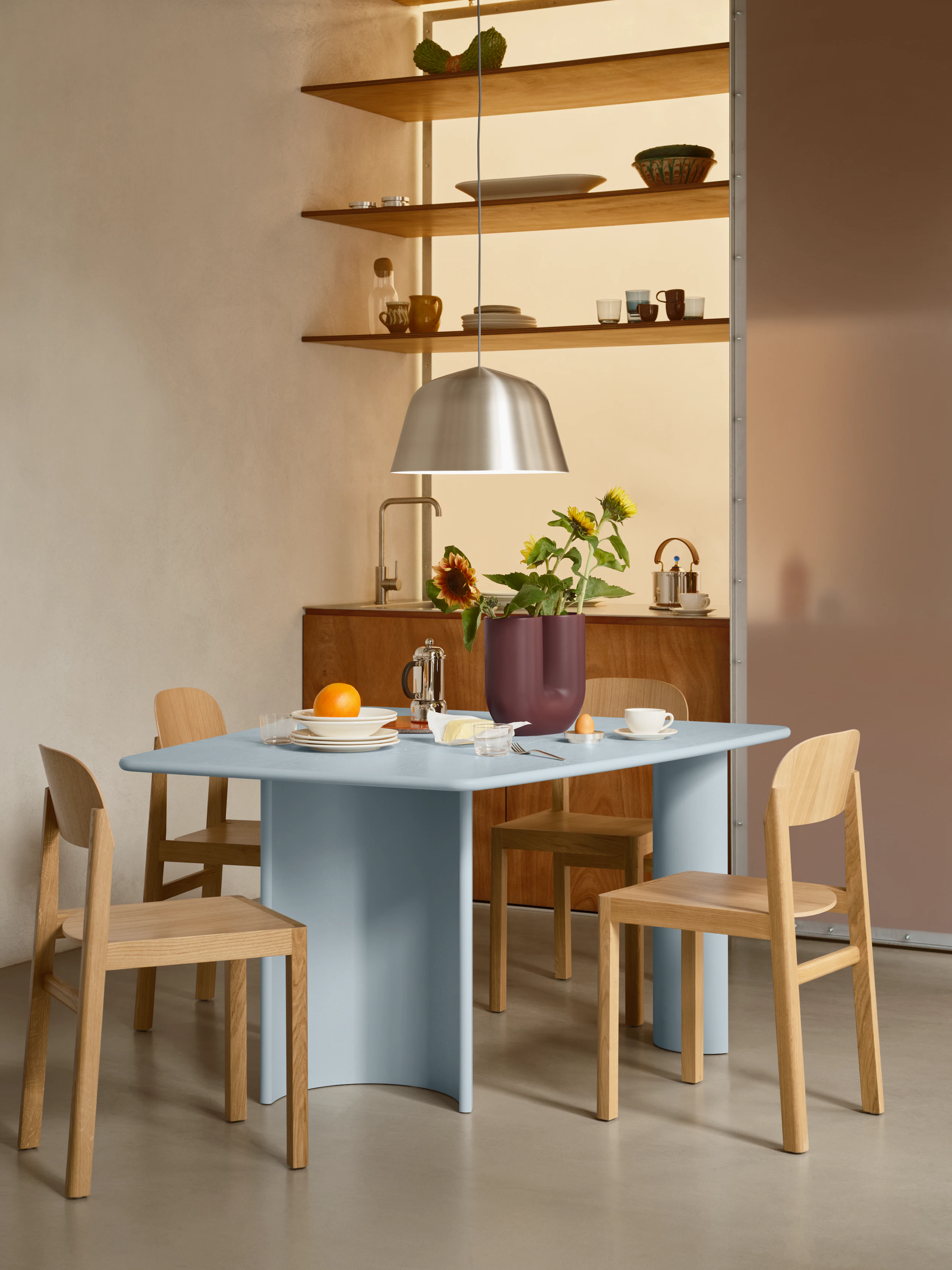 Re-norm 130cm in Light Blue - Ambit Pendant Dia40 in Brushed Steel - Workshop Chair in Oak - Kink Vase in Deep Red