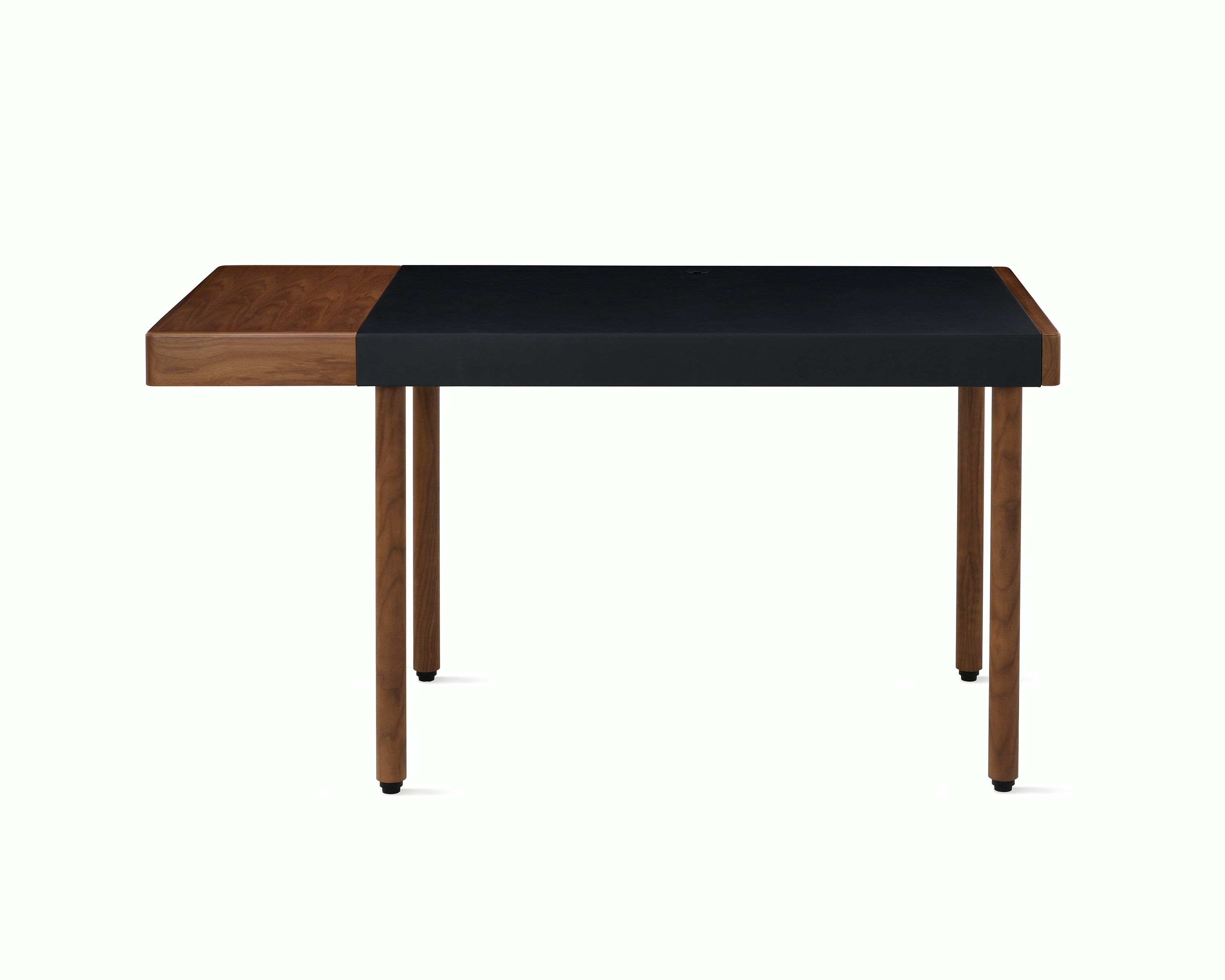 New Canaan Leatherwrap Sit-to-Stand Desk in Walnut and Black Leather, one drawer, front view.