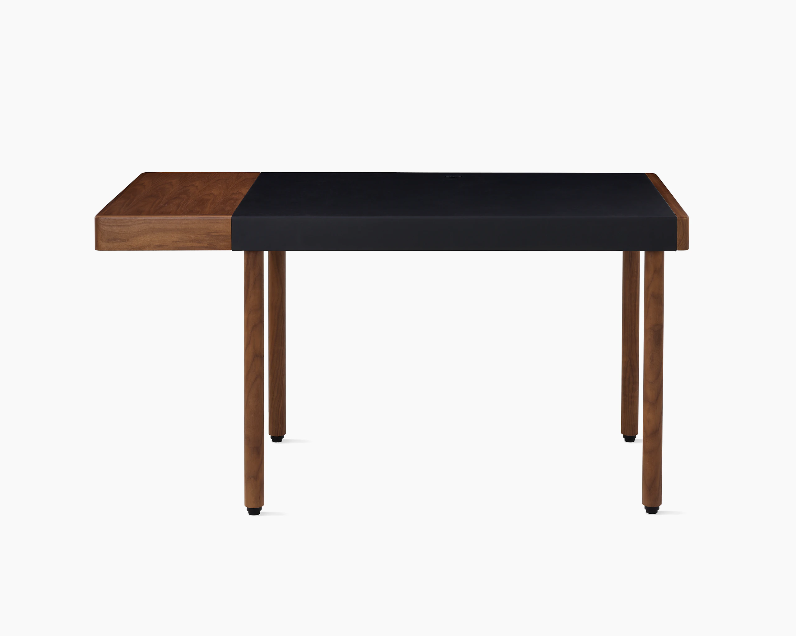 New Canaan Leatherwrap Sit-to-Stand Desk in Walnut and Black Leather, one drawer, front view.