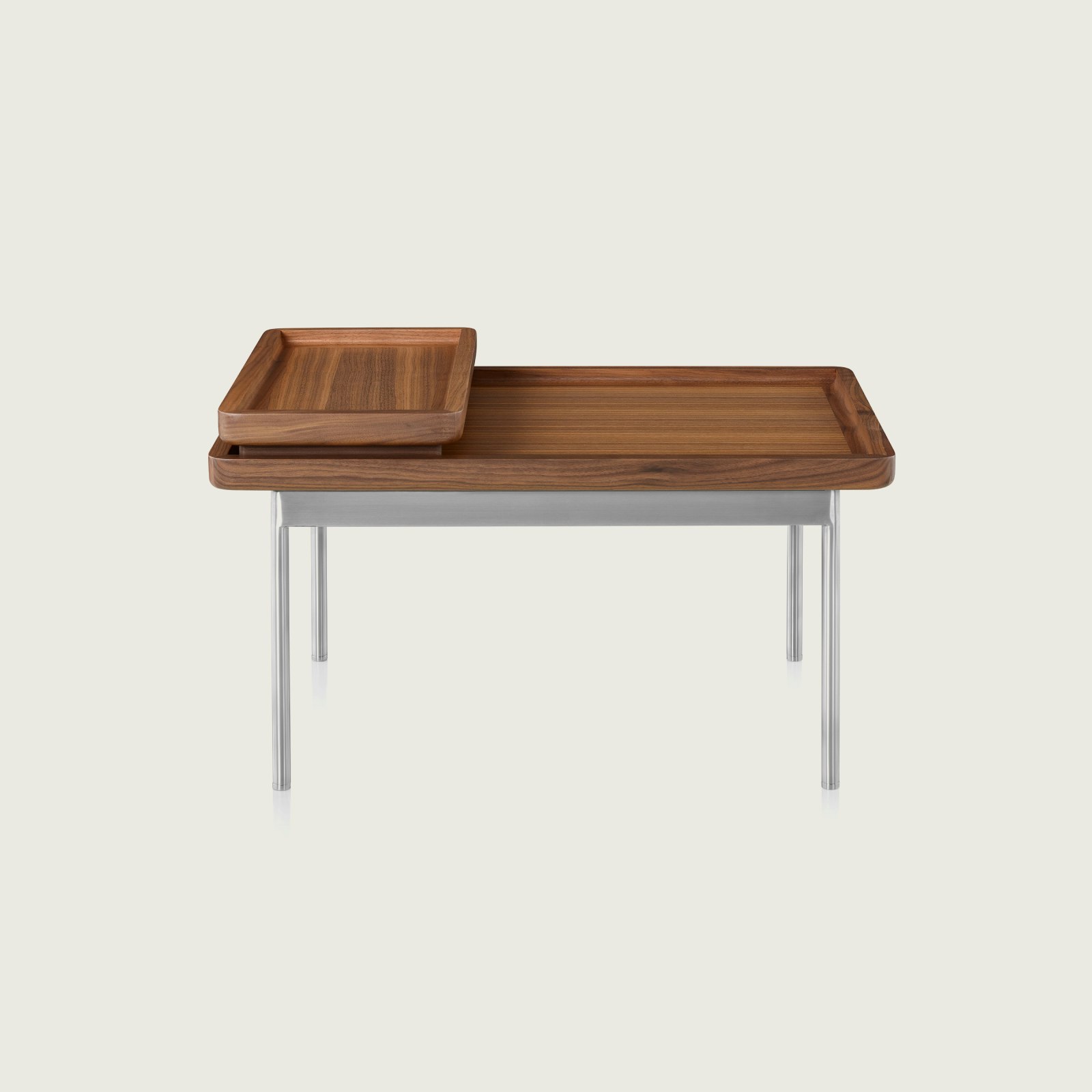 A Tuxedo Component Lounge Table featuring a Natural Walnut top and Satin Chrome Base.