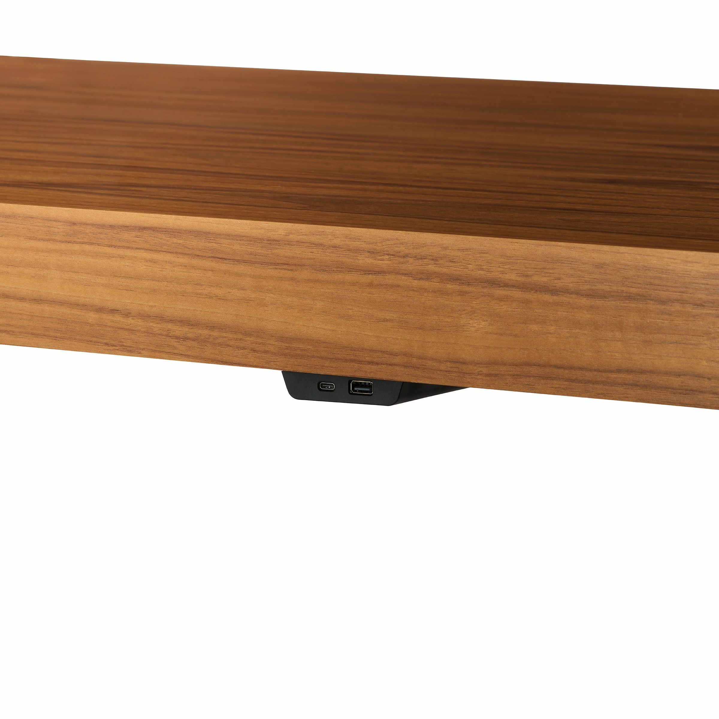 JD Waterfall Table in Walnut bar height, power detail view.