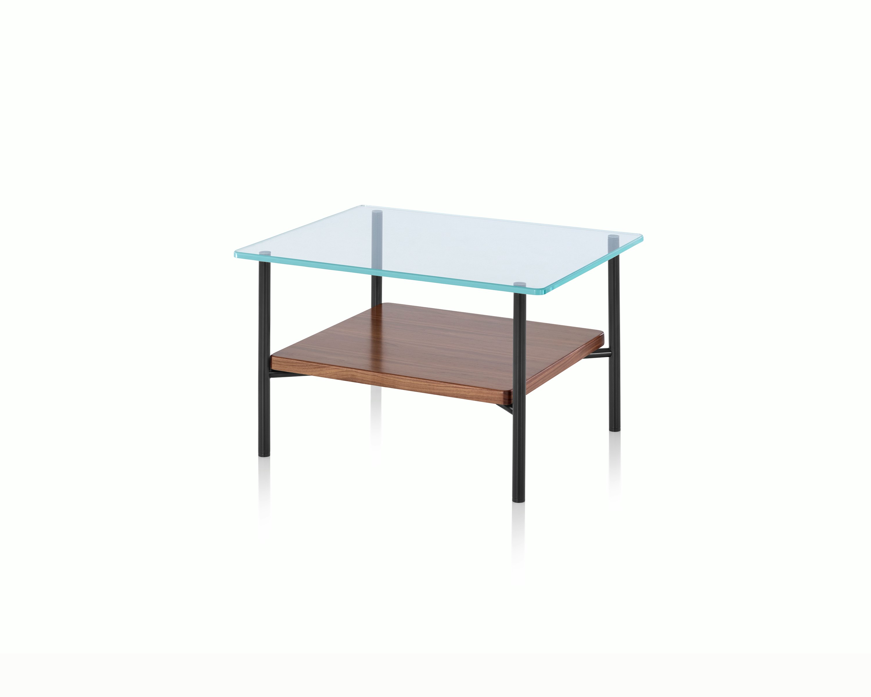 Angled view of a Layer side table with a glass top and wood lower shelf.