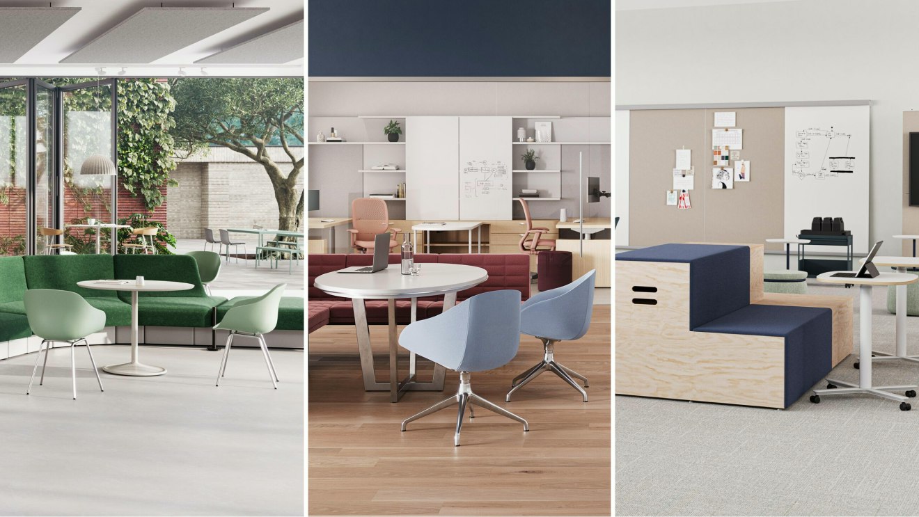 Collage showcasing higher education spaces: a seating area with a green sofa and chairs, a group setting with blue chairs, and an individual setting with Passport tables.