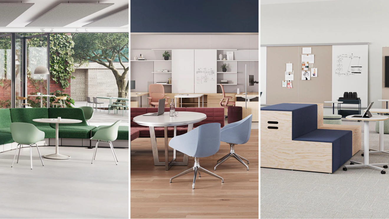 Collage showcasing higher education spaces: a seating area with a green sofa and chairs, a group setting with blue chairs, and an individual setting with Passport tables.