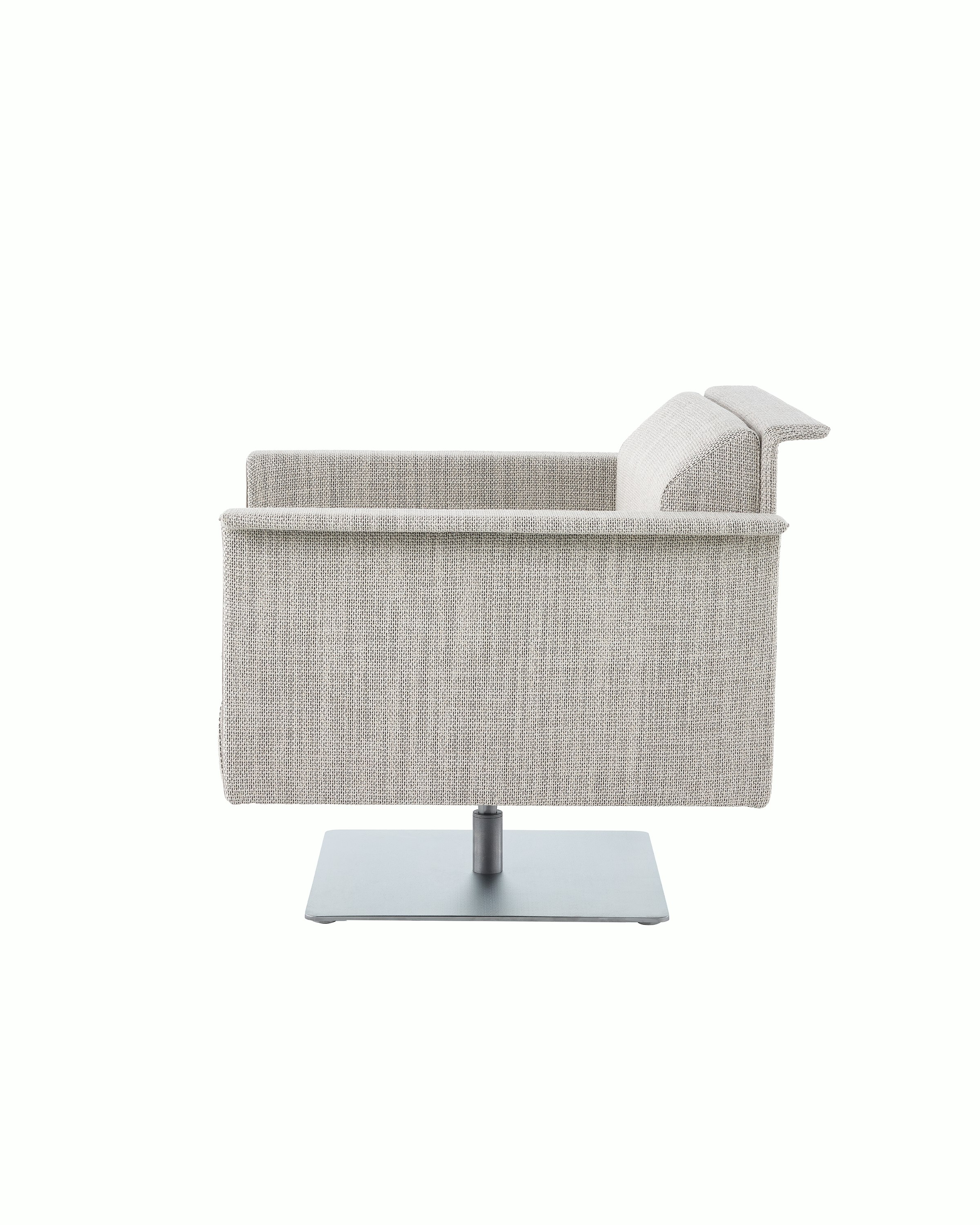 Mantle Club Chair in Capri Stone with pedestal base, side view.