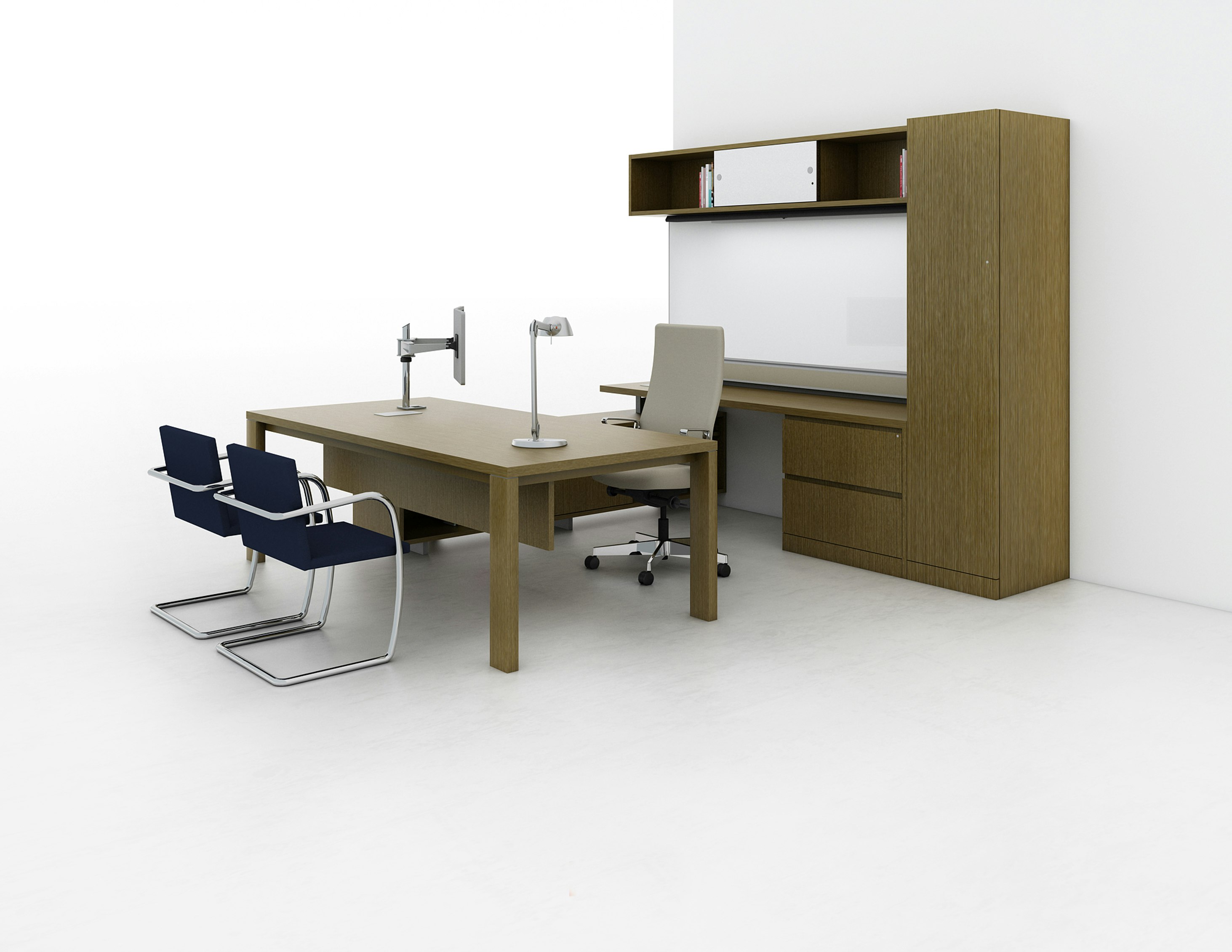 Reff Profiles private office progressive overhead table with 2x4 legs wardrobe cabinet white board credenza