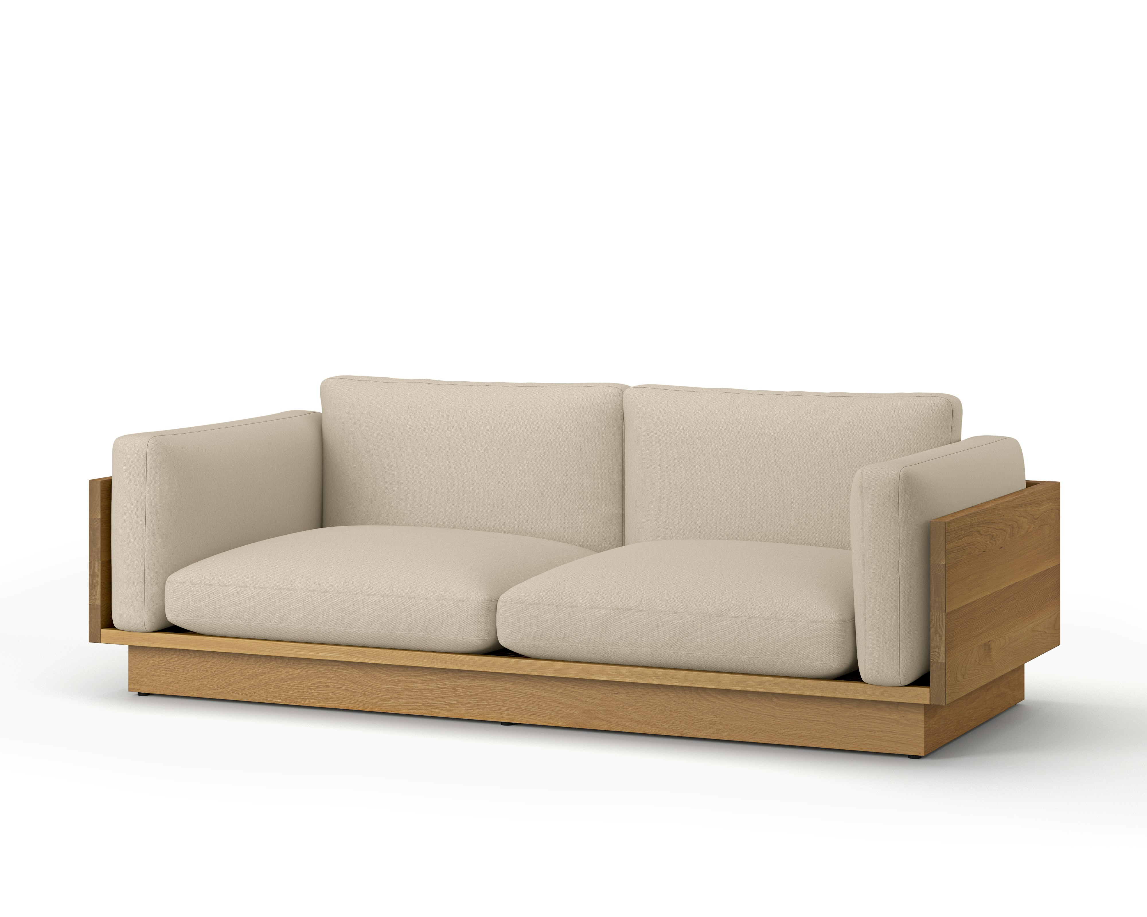 A Pawson Drift Sofa in Album Linen, Gentle, White Oak viewed from an angle.