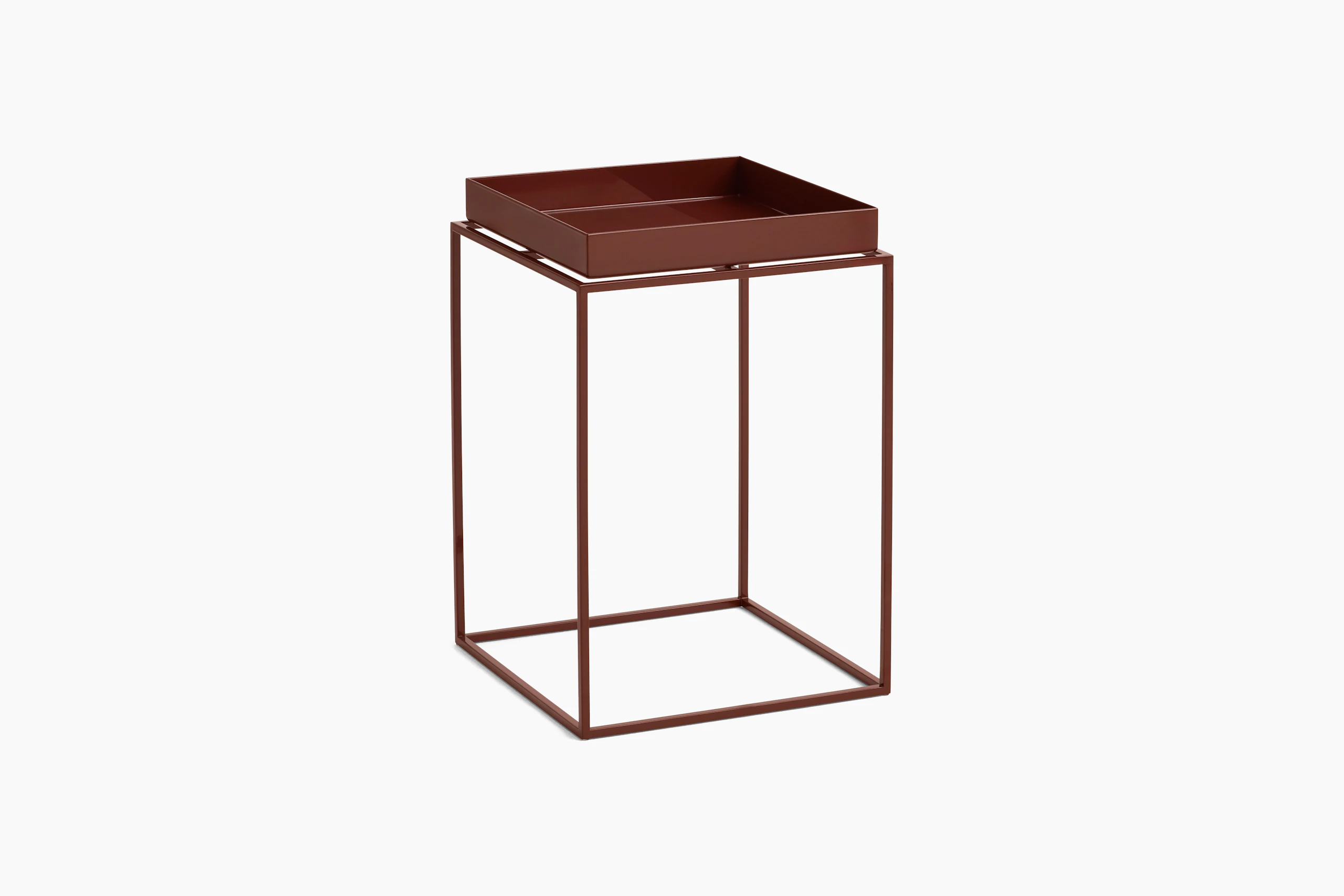 A Tray Side Table in chocolate viewed from the angle.