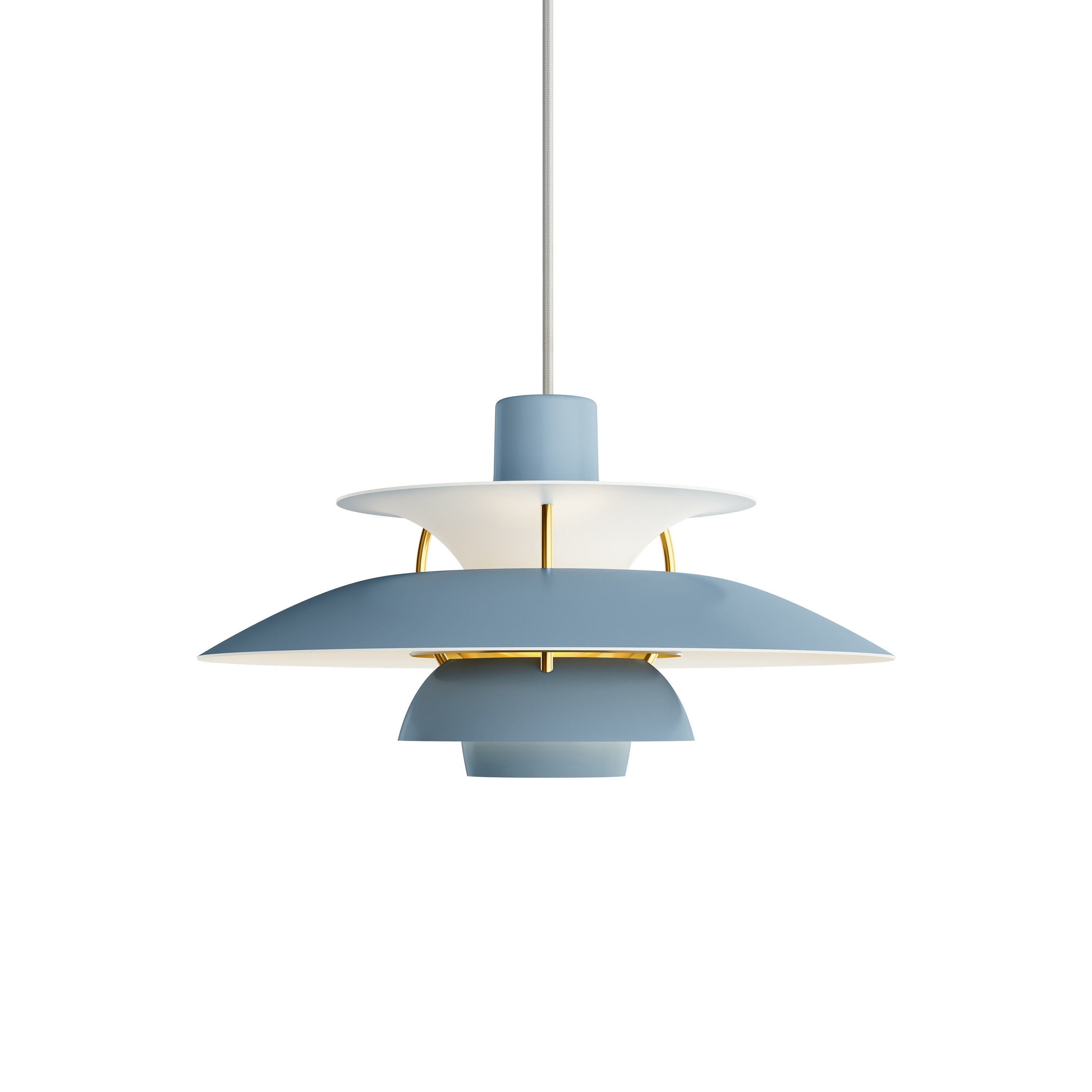 A PH5 Pendant Lamp in Mini, Smokey Blue / Brass viewed from the front.