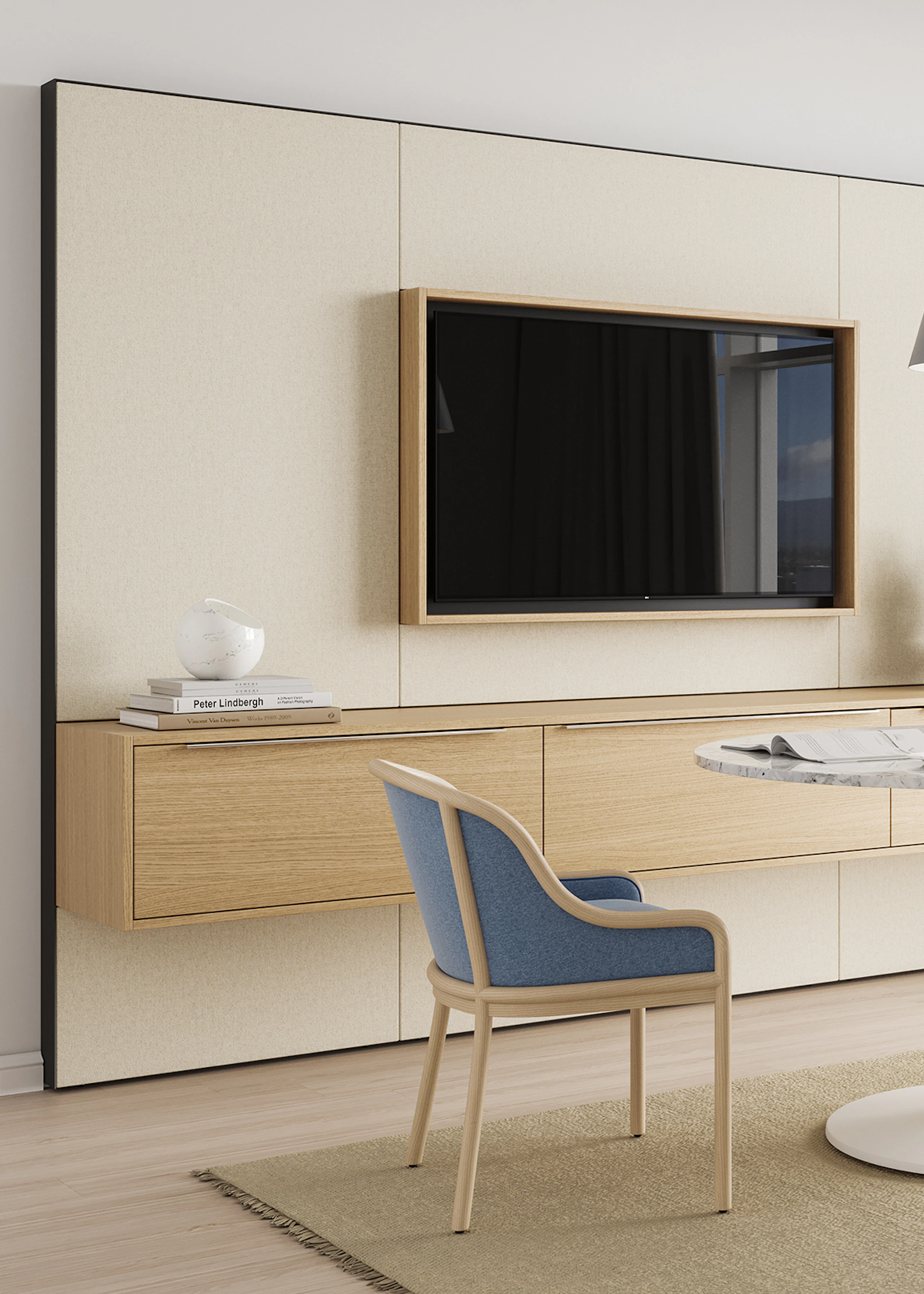Geiger One Meeting and Huddle Room, Rendering HU3, in Rima Oak with Axon Meeting Table and Landmark Chairs.