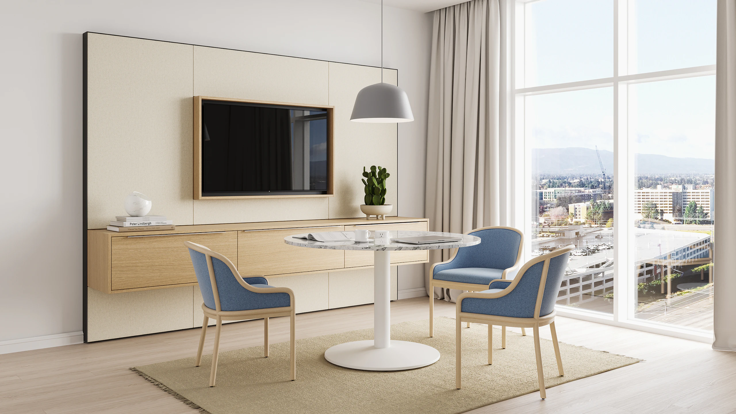 Geiger One Meeting and Huddle Room, Rendering HU3, in Rima Oak with Axon Meeting Table and Landmark Chairs.