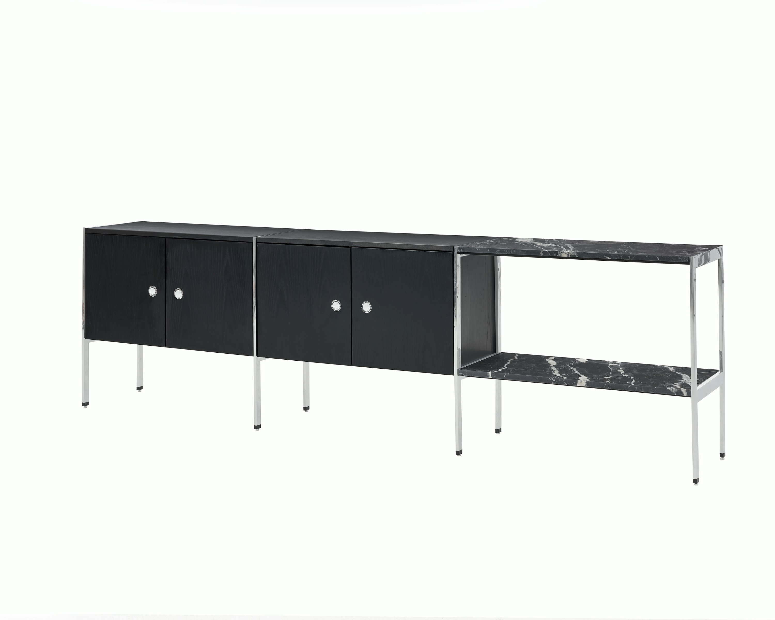H Frame Storage designed by Ward Bennett in Ebonized Ash with a polished chrome frame and a Nero Marquina top and shelf, shown at an angle on a white sweep.