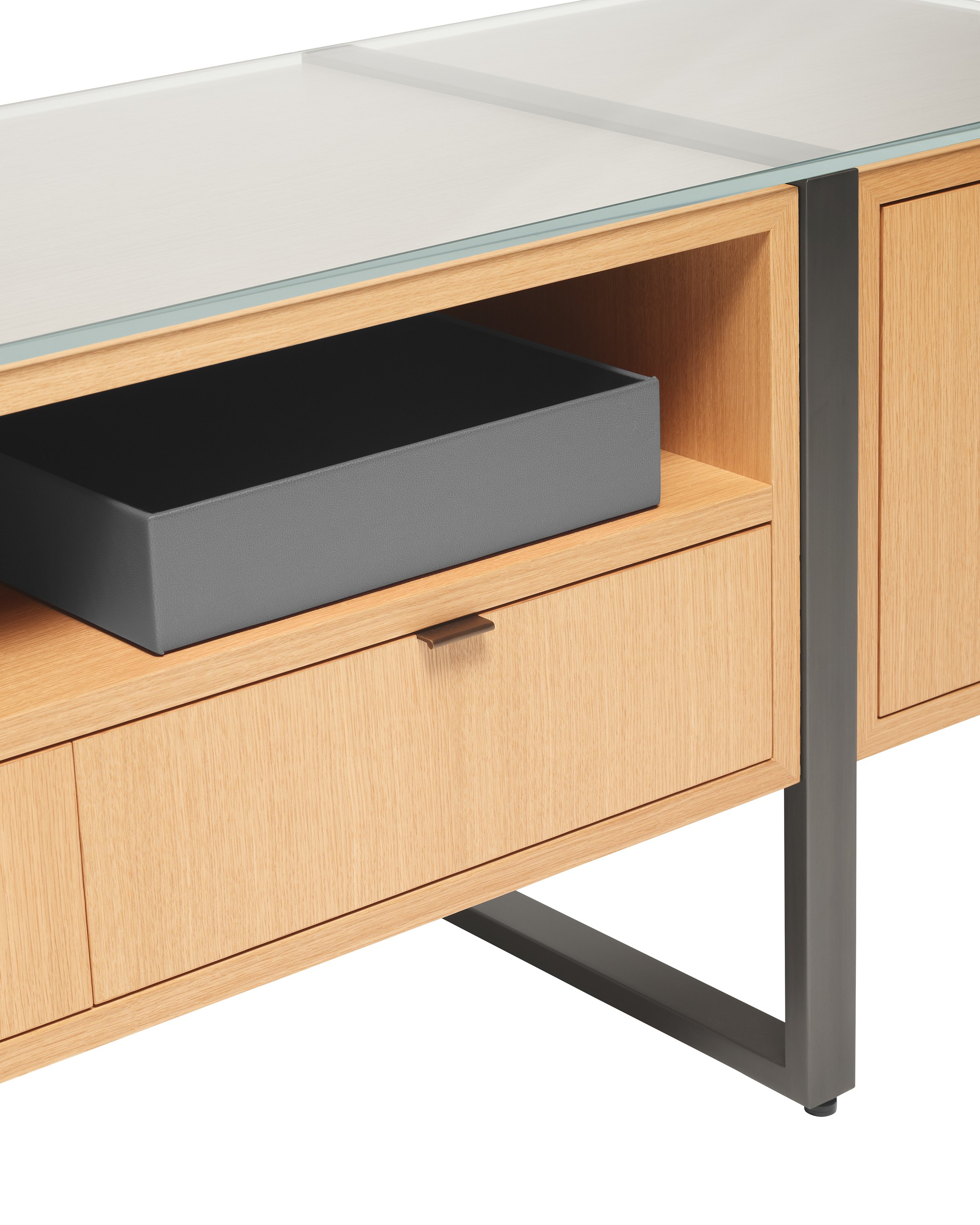 Highline Credenza in Rift Cut European White Oak with Clear Glass top and Gunmetal Grey Metal legs, detail view.