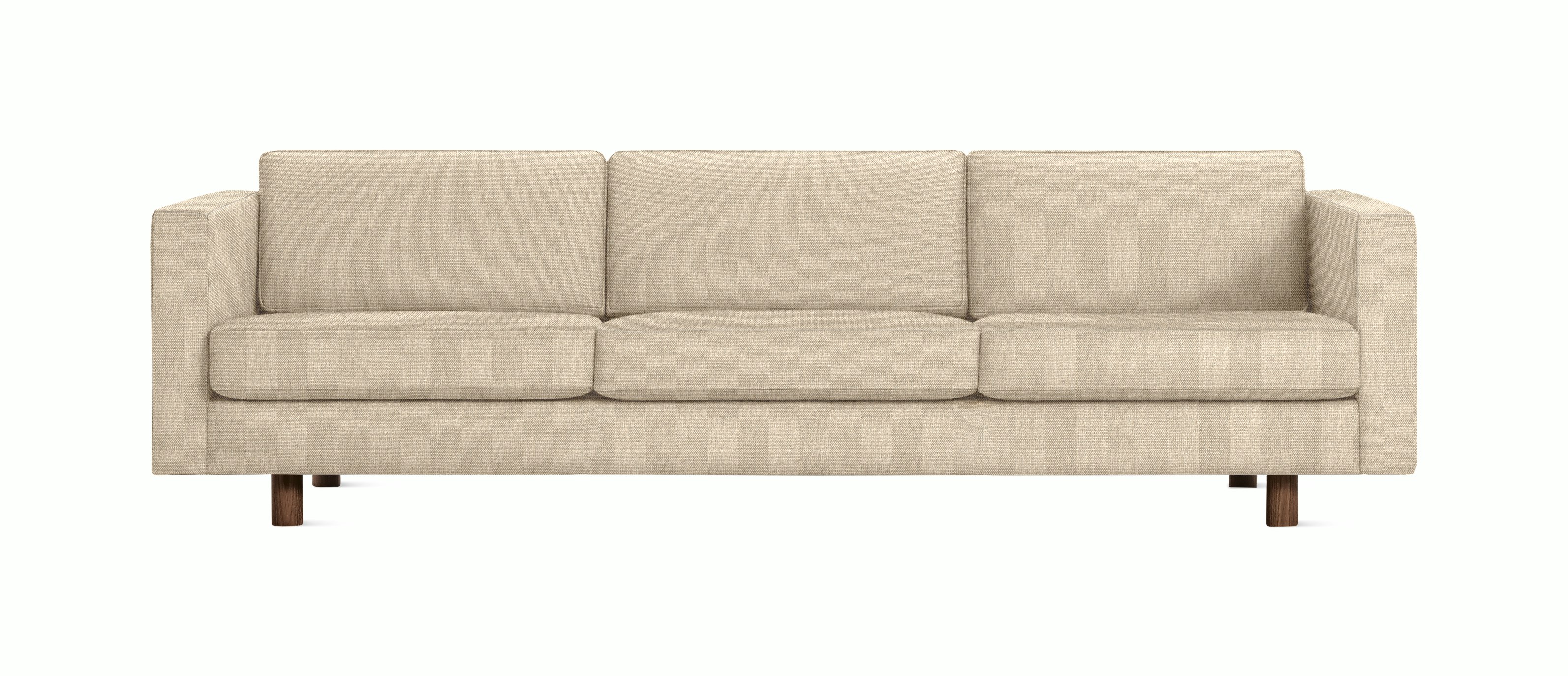 A Lispenard Sofa in Gentle with Walnut finish viewed from the front.