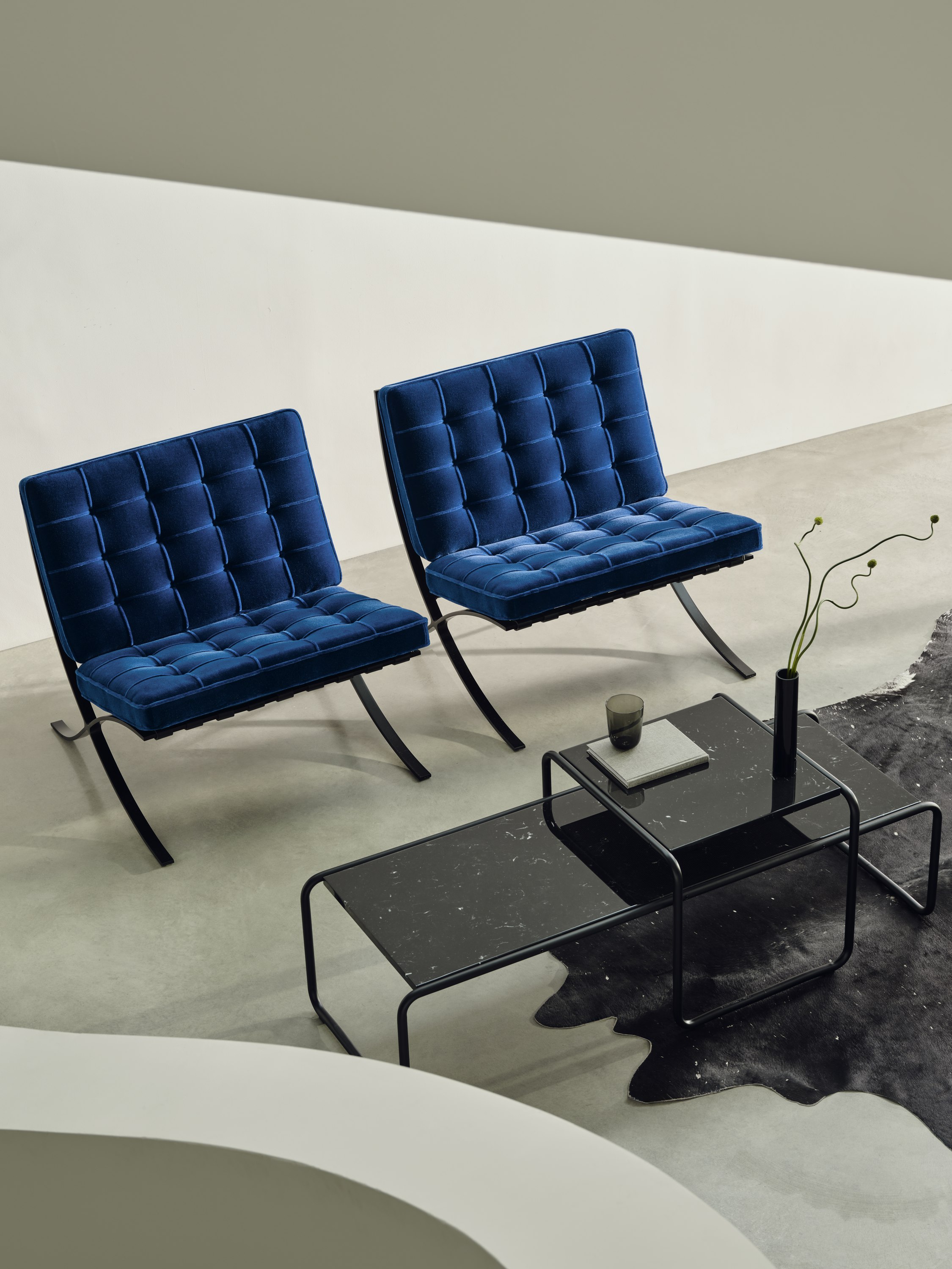 Barcelona Chairs with Laccio Coffee and Side Table