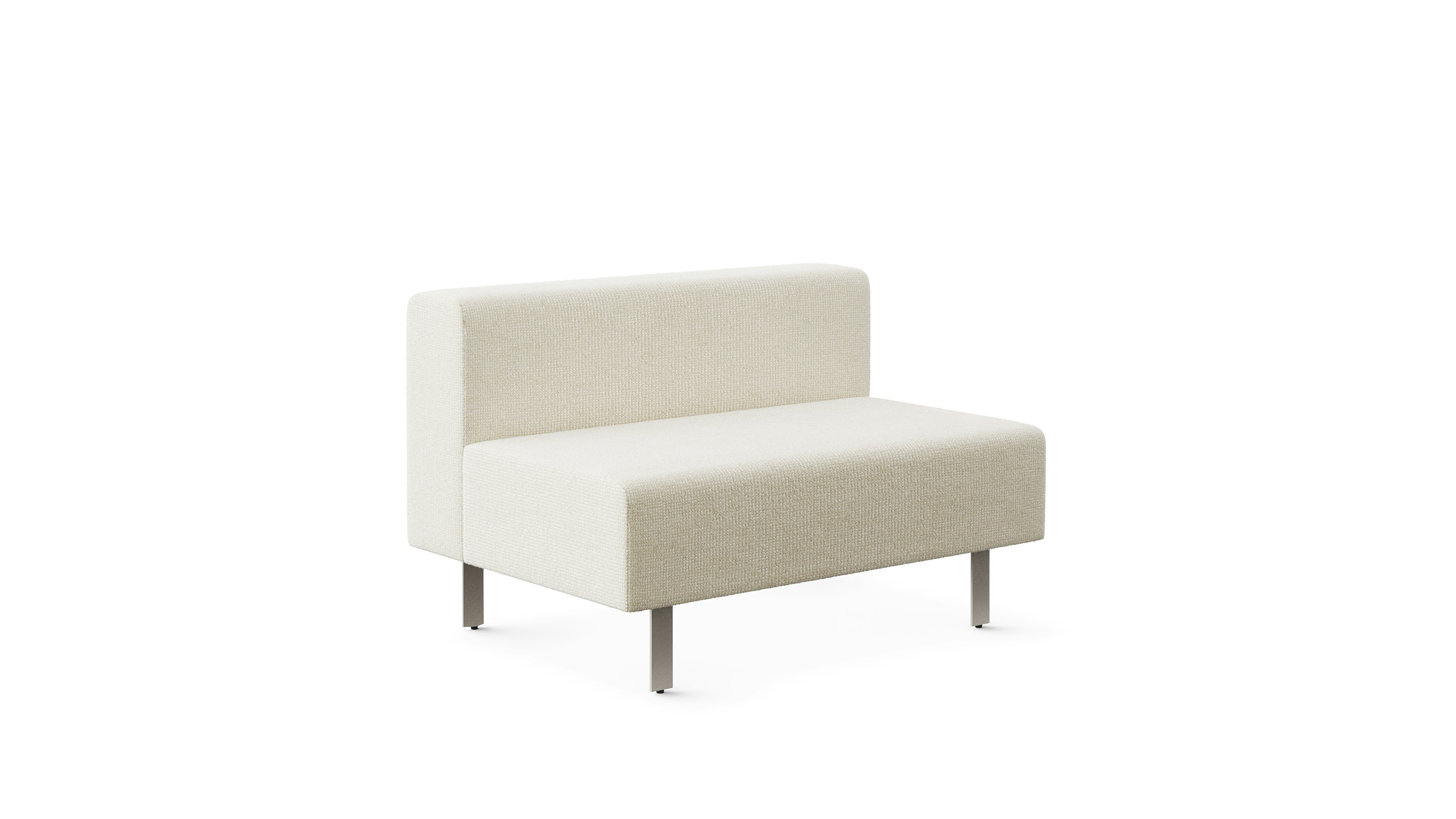 A short lounge bench with back in light colored upholstery is viewed from an angle.