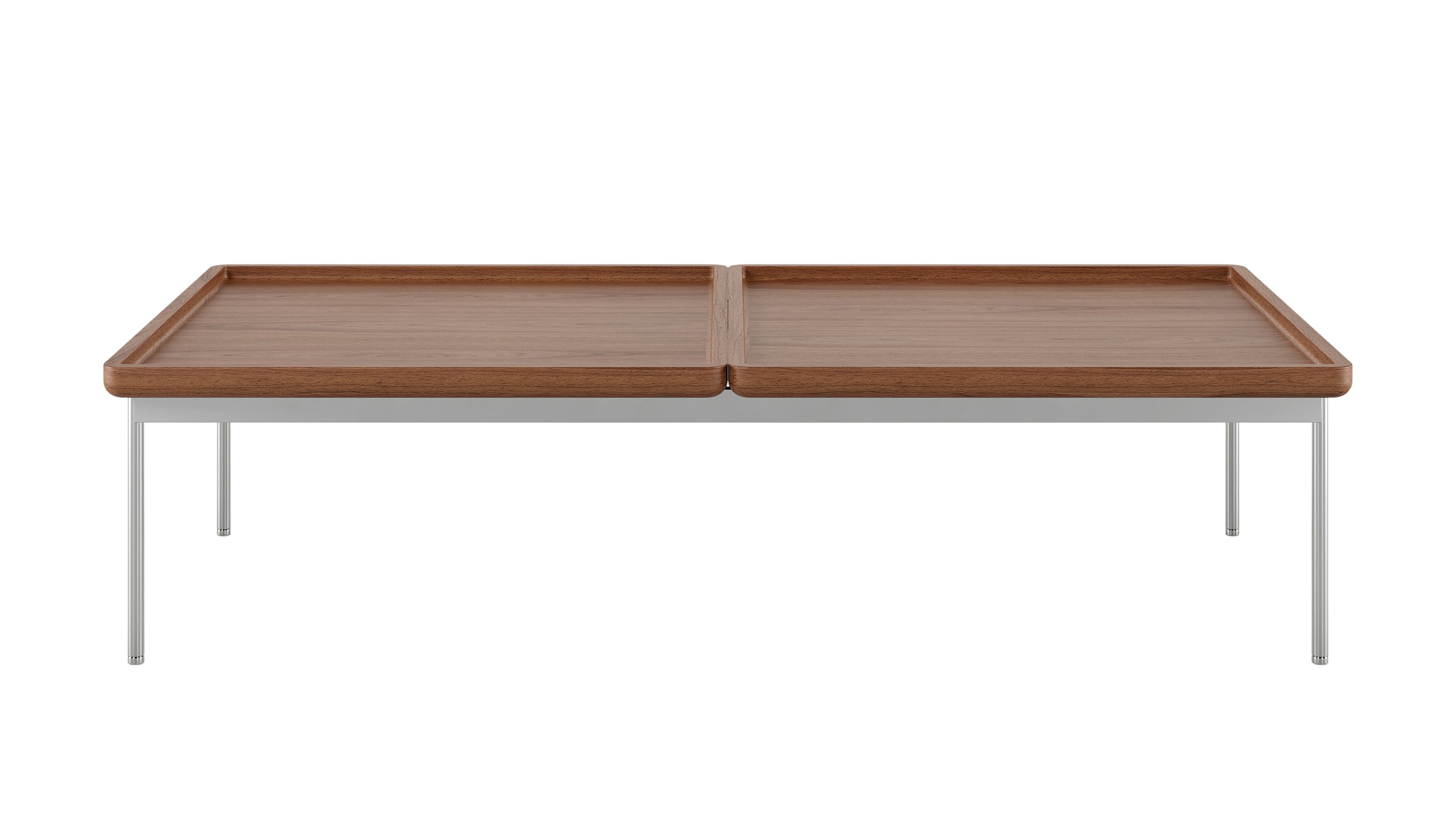 28 x 56 inch Tuxedo Table in walnut with a Chrome frame viewed from the front.
