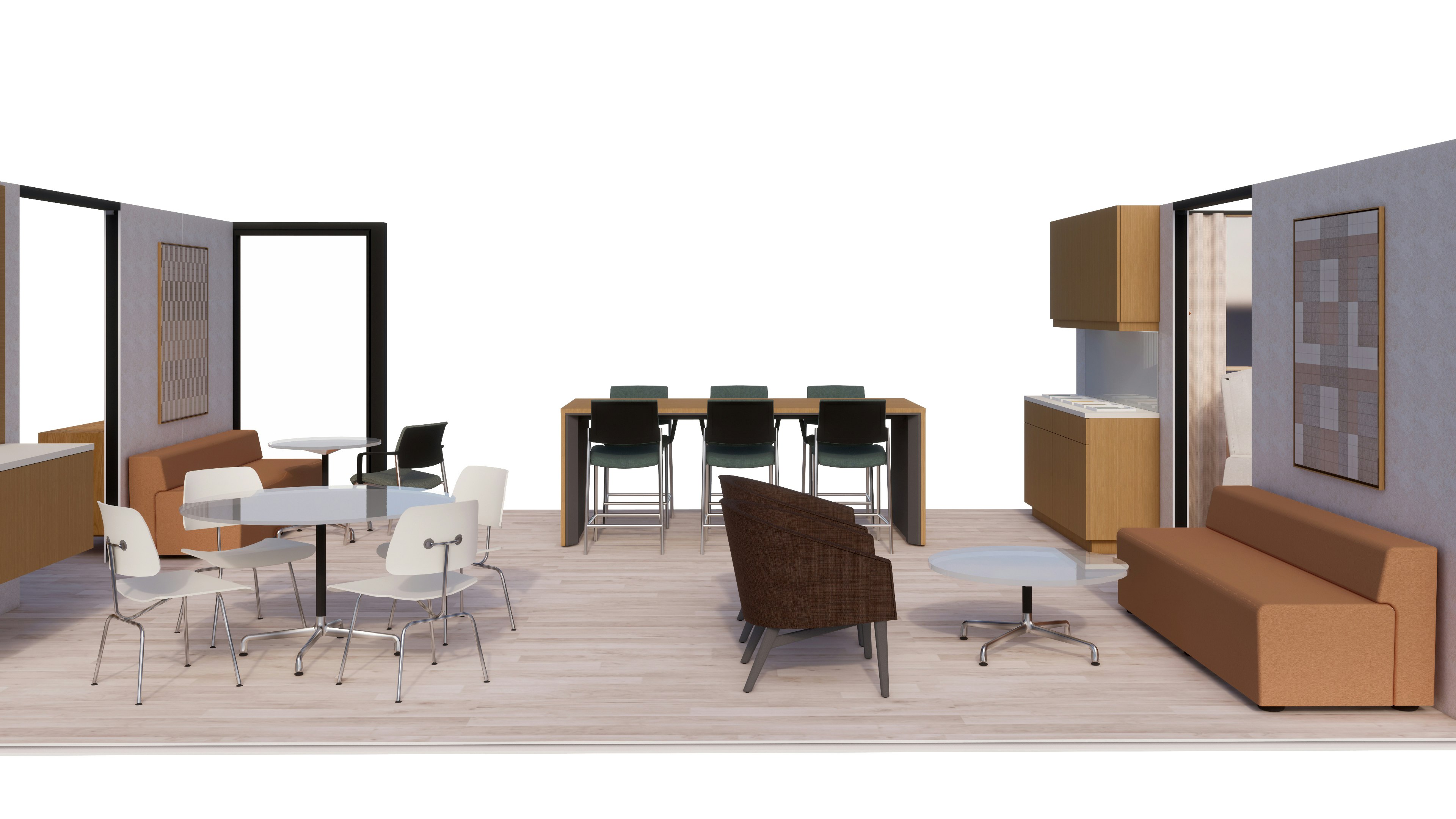 3D rendering of a family lounge furnished with red Sophora Lounge Chairs, black Verus Fixed-Height stools, k.Lounge by Knoll, and other healthcare seating from the MillerKnoll portfolio.