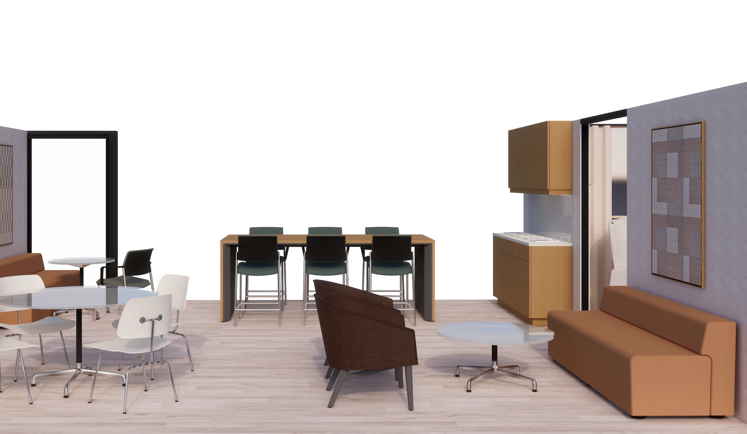 3D rendering of a family lounge furnished with red Sophora Lounge Chairs, black Verus Fixed-Height stools, k.Lounge by Knoll, and other healthcare seating from the MillerKnoll portfolio.