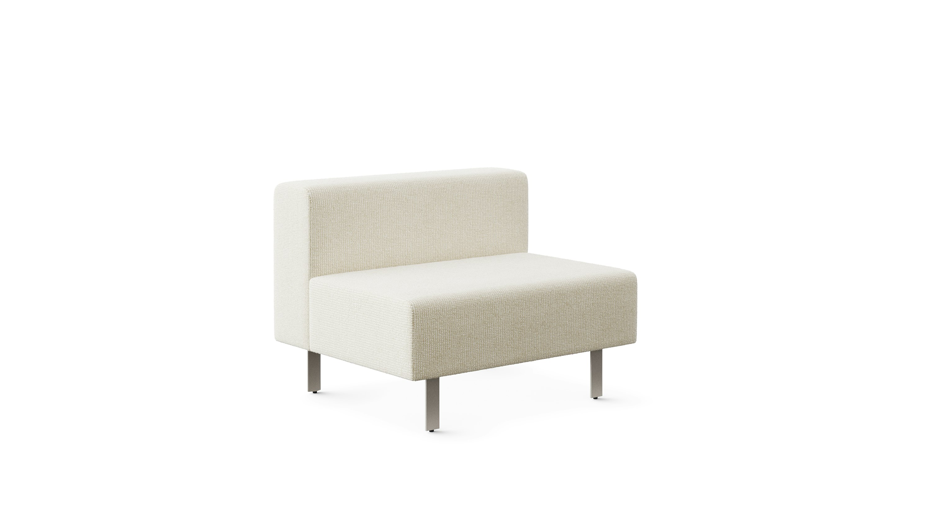A short lounge bench with back in light colored upholstery is viewed from an angle.