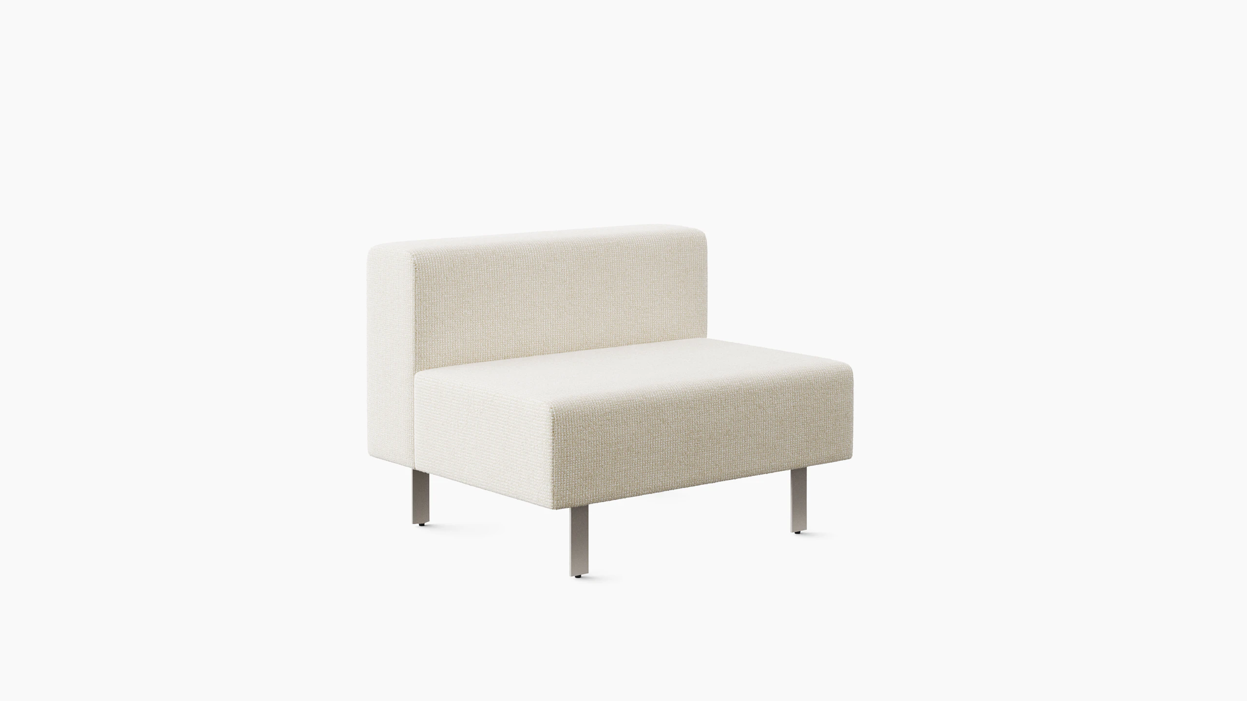 A short lounge bench with back in light colored upholstery is viewed from an angle.