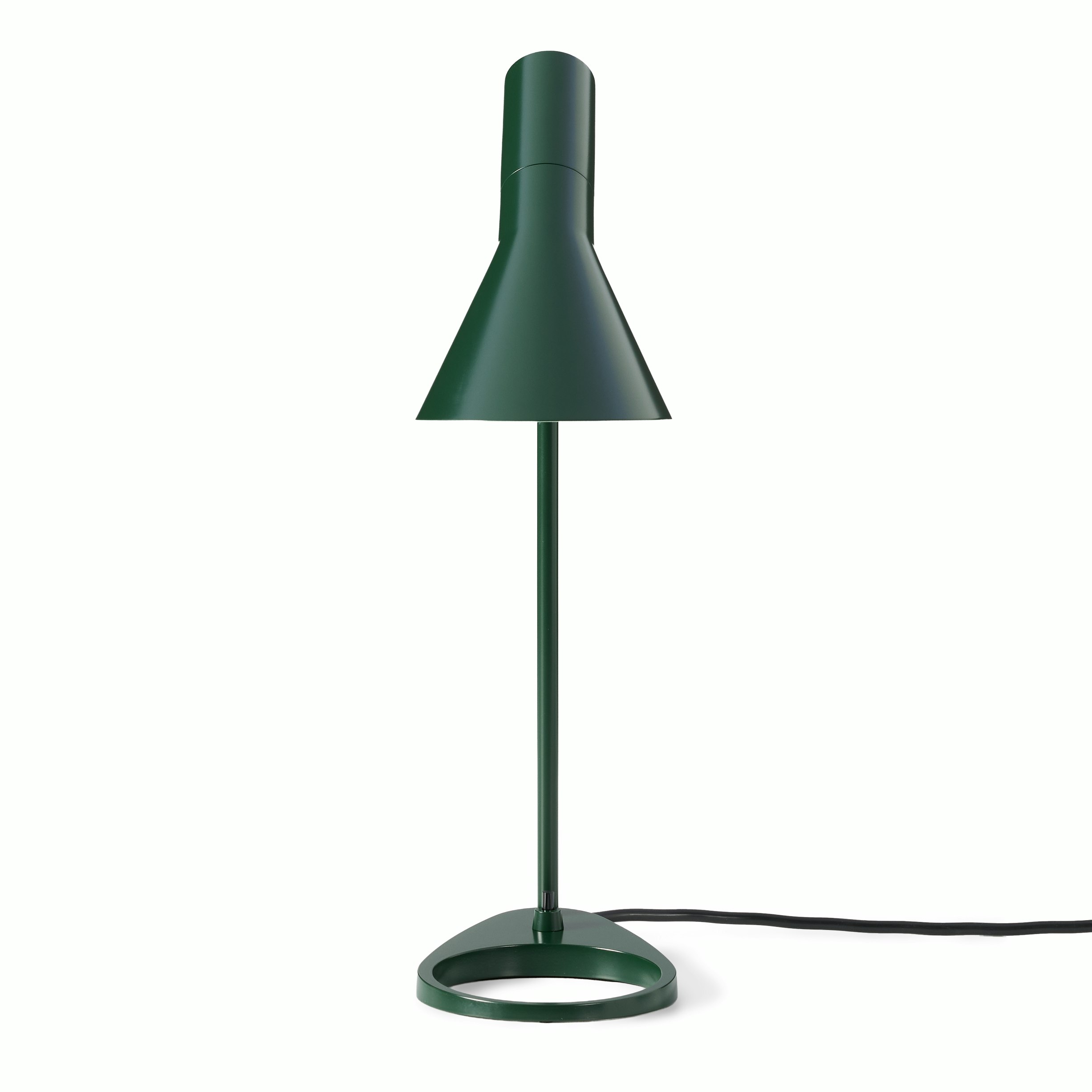 A AJ Table Lamp in Olive Green viewed from the side.