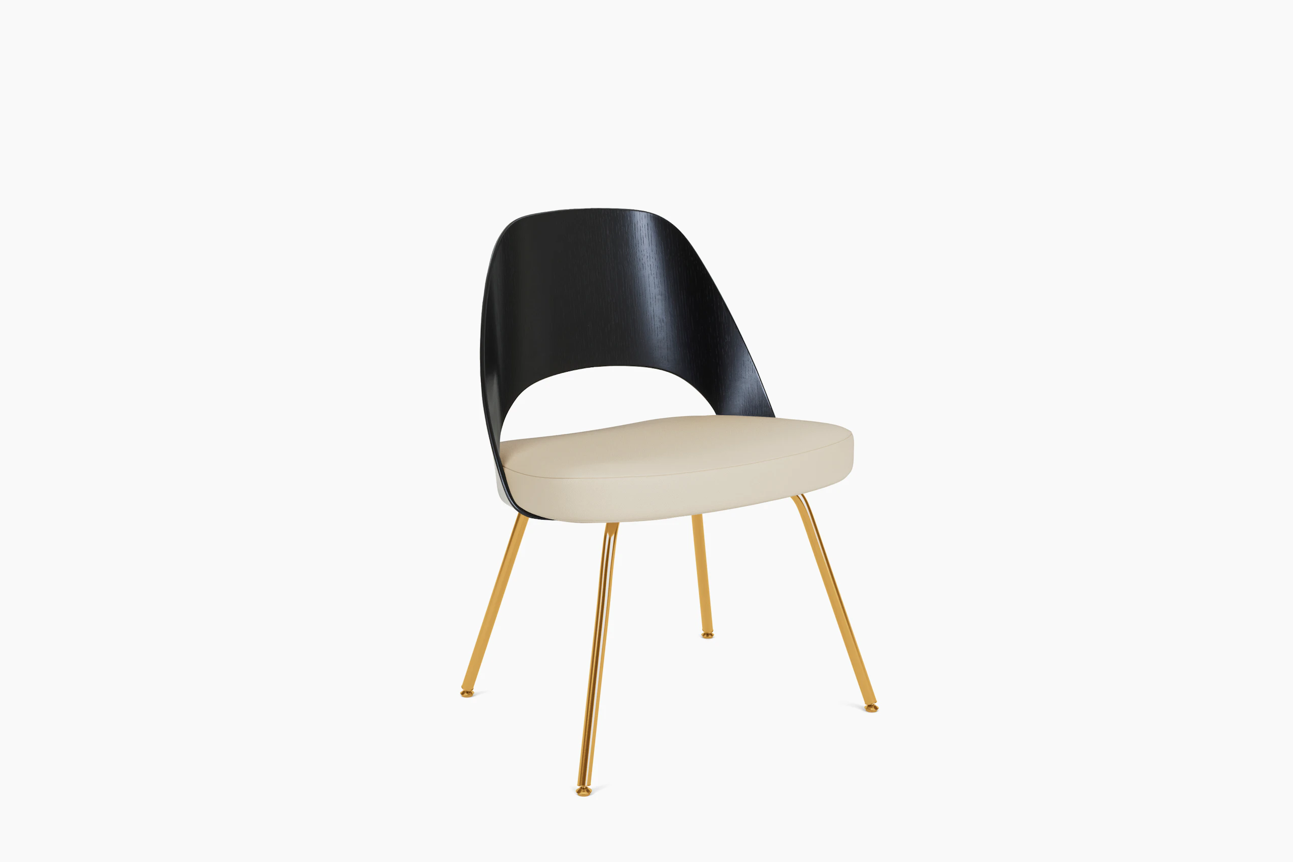 A Saarinen Executive Veneer Back Side Chair Metal Legs in Ebonized Walnut, Volo Leather, Parchment, Gold viewed from an angle.