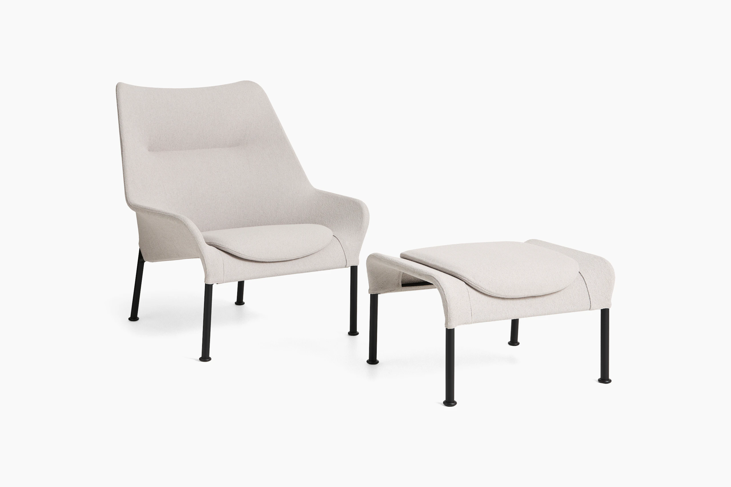 Light grey O2 Lounge Chair with black base and matching ottoman on white background.