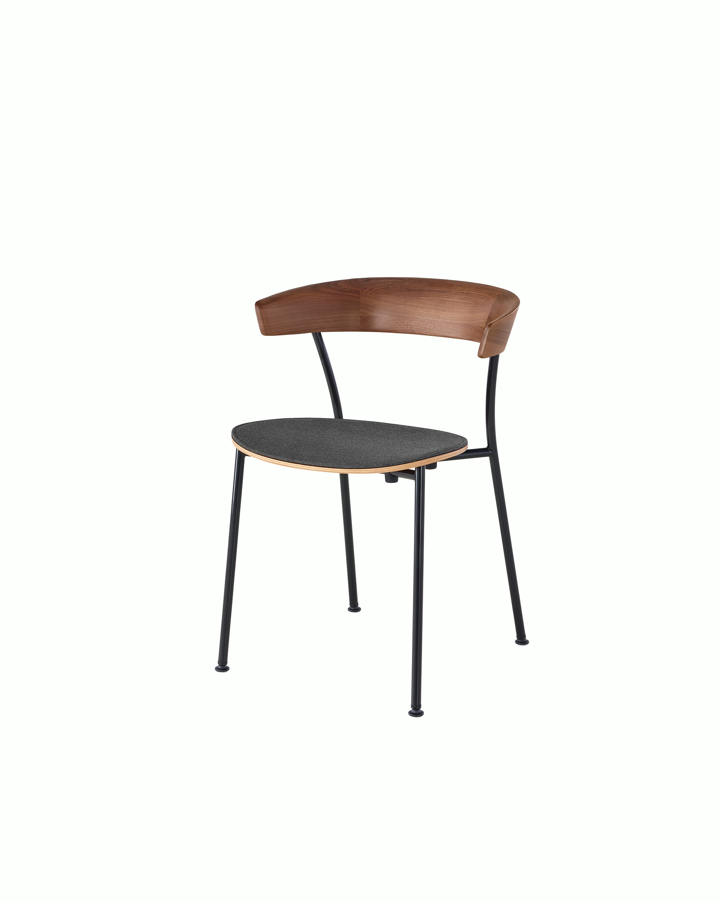 Angled view of a stackable Leeway Chair with a metal frame, curved wood backrest, and upholstered seat.