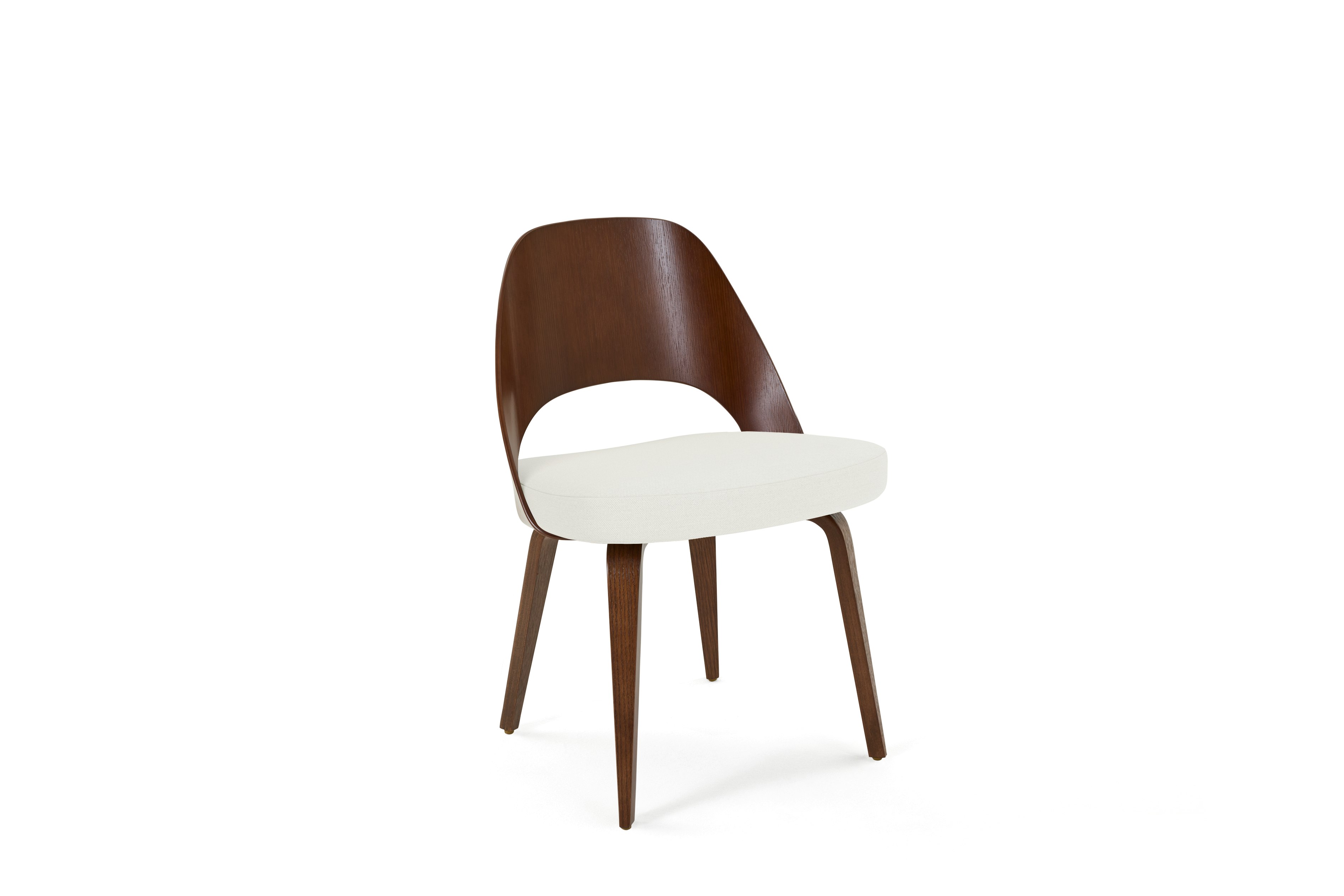A Saarinen Executive Veneer Back Side Chair in hourglass air light walnut viewed from an angle.