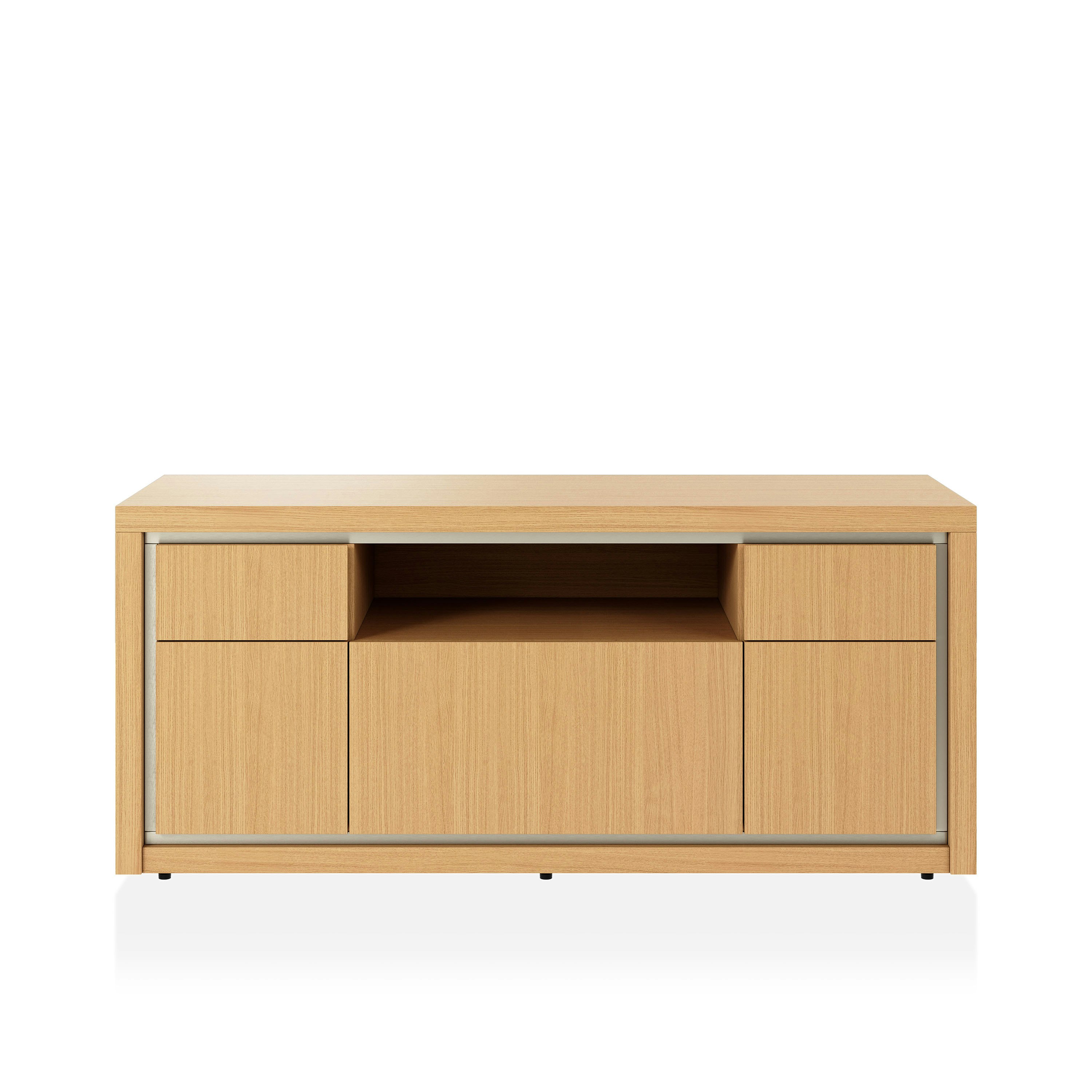 Highline Fifty Credenza in Natural Rift Cut Oak with Satin Nickel trim viewed from the front.