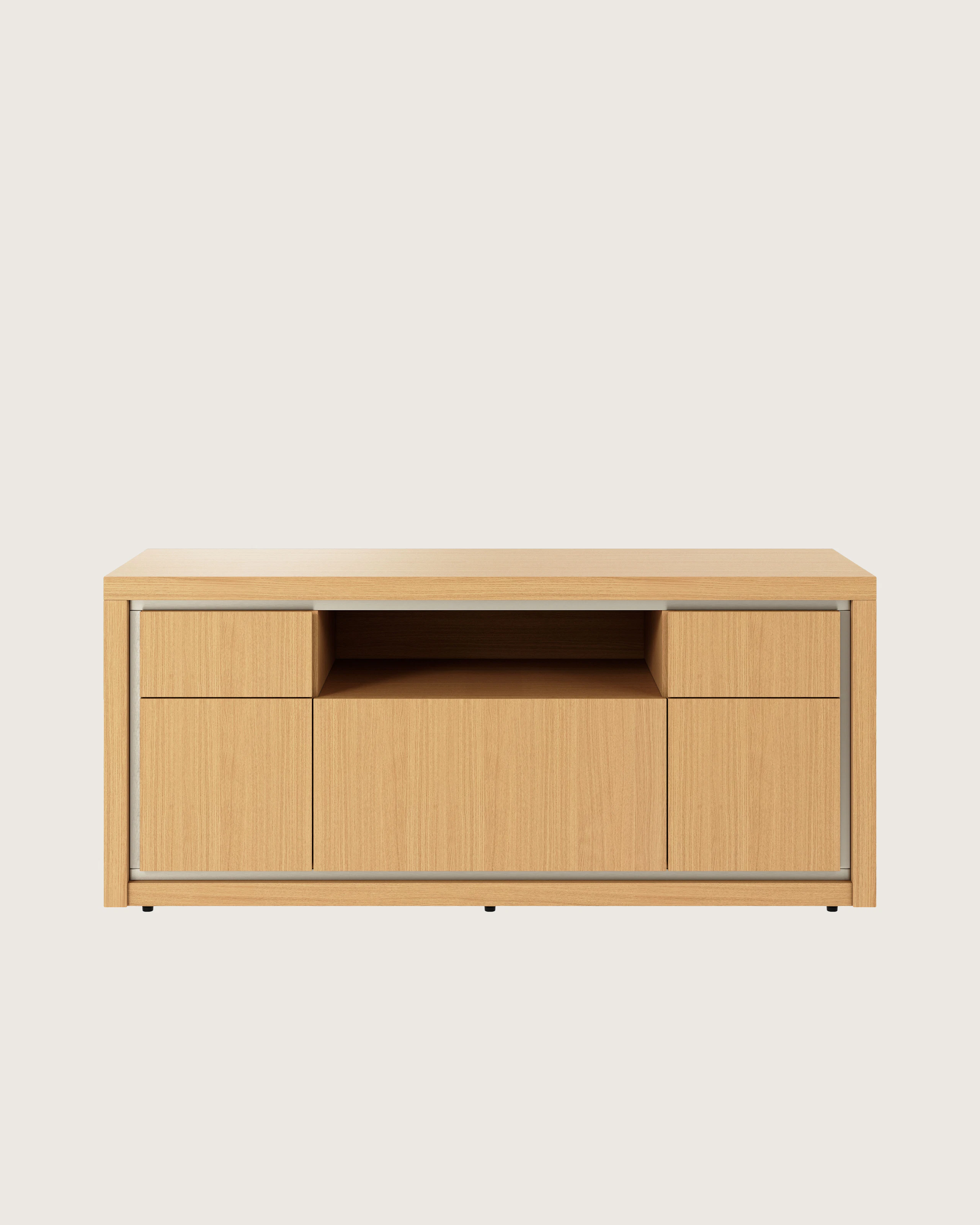 Highline Fifty Credenza in Natural Rift Cut Oak with Satin Nickel trim viewed from the front.