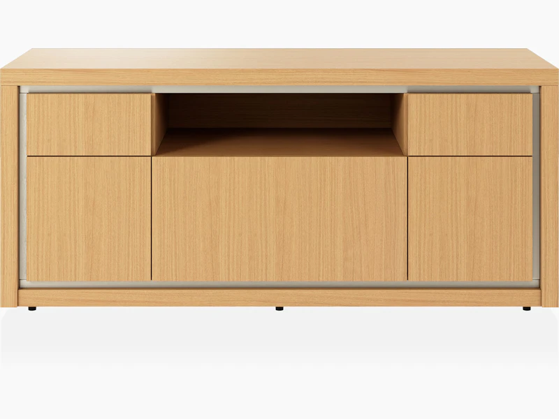 Highline Fifty Credenza in Natural Rift Cut Oak with Satin Nickel trim viewed from the front.