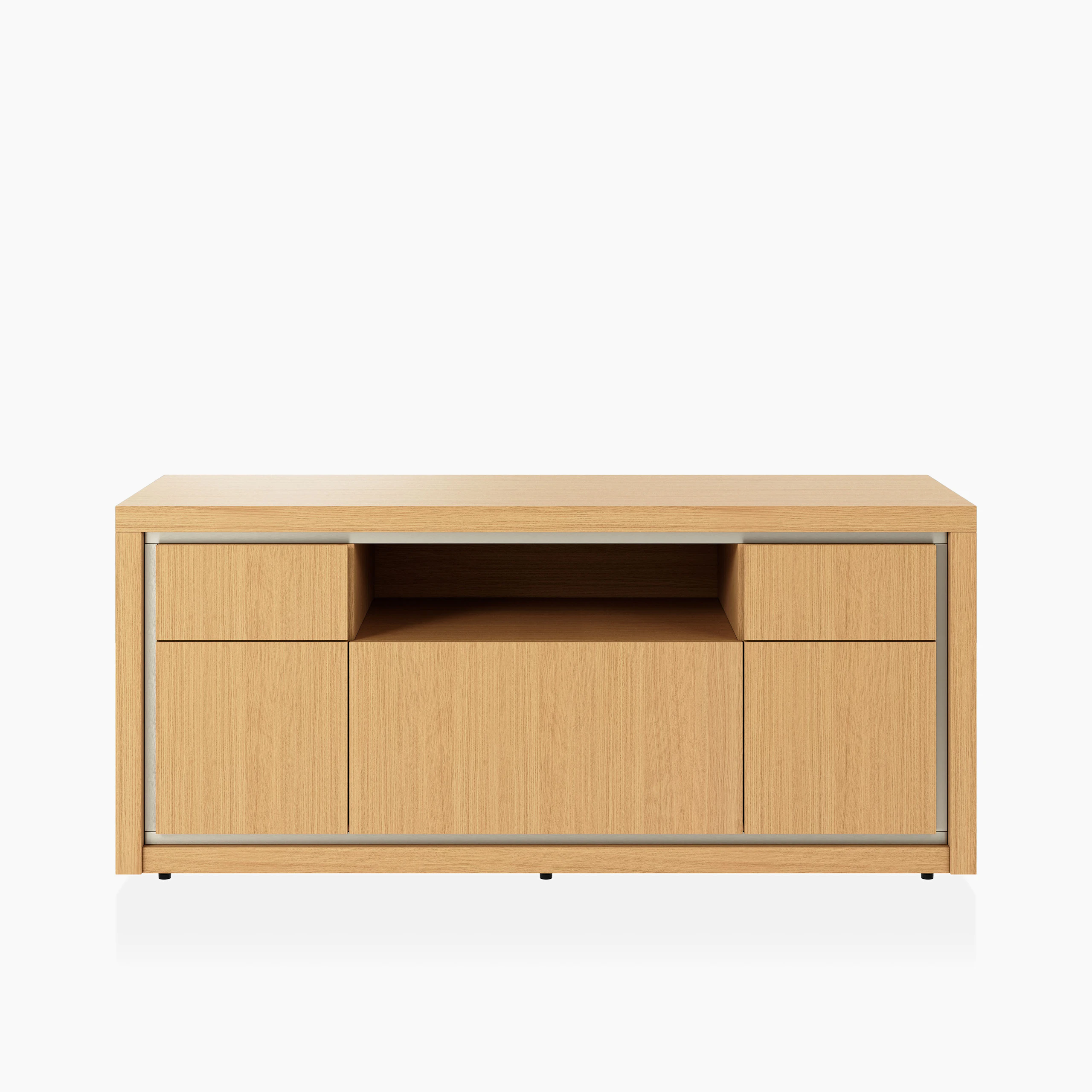 Highline Fifty Credenza in Natural Rift Cut Oak with Satin Nickel trim viewed from the front.