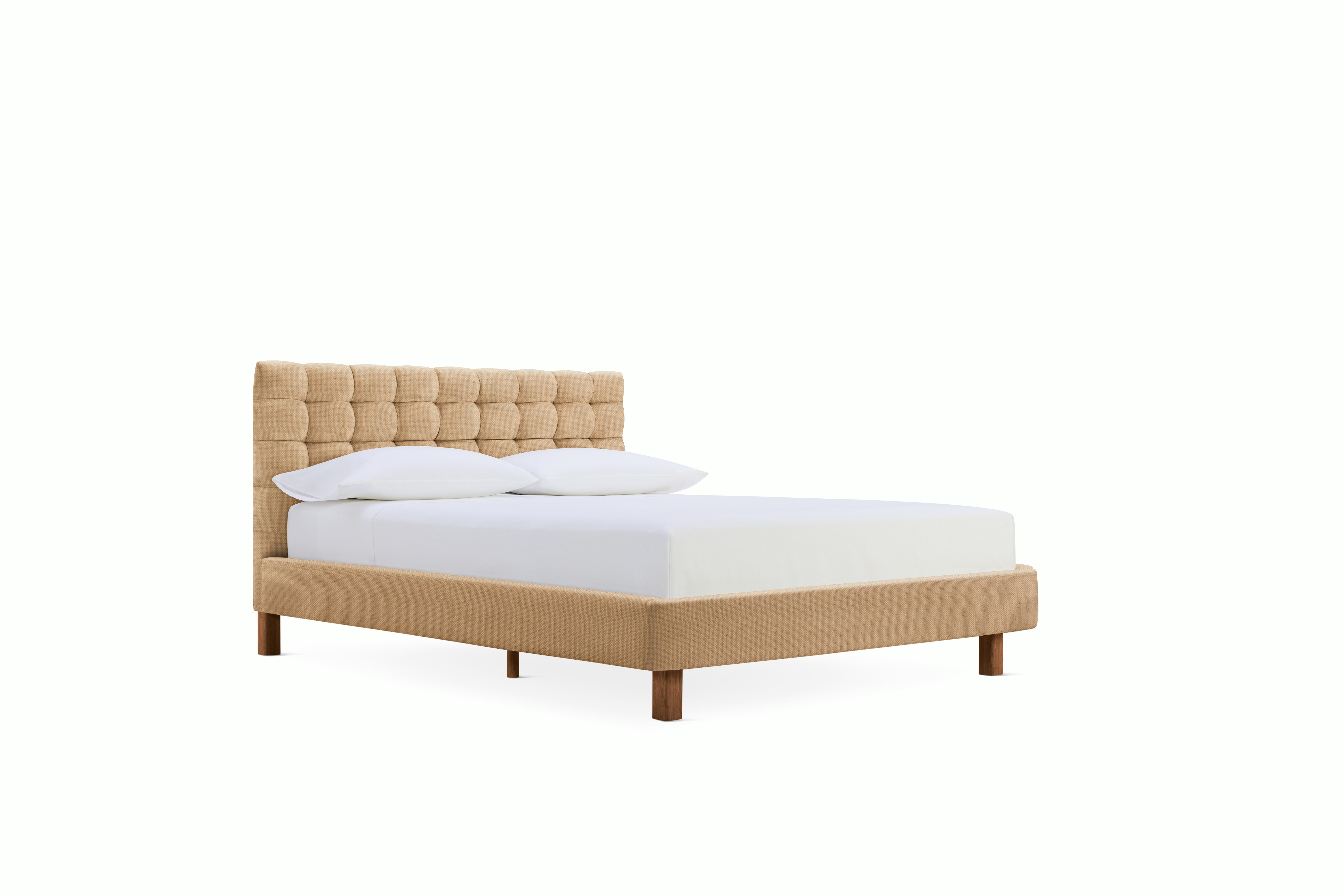 A Madeleine Bed in Mode Camel viewed from the front.