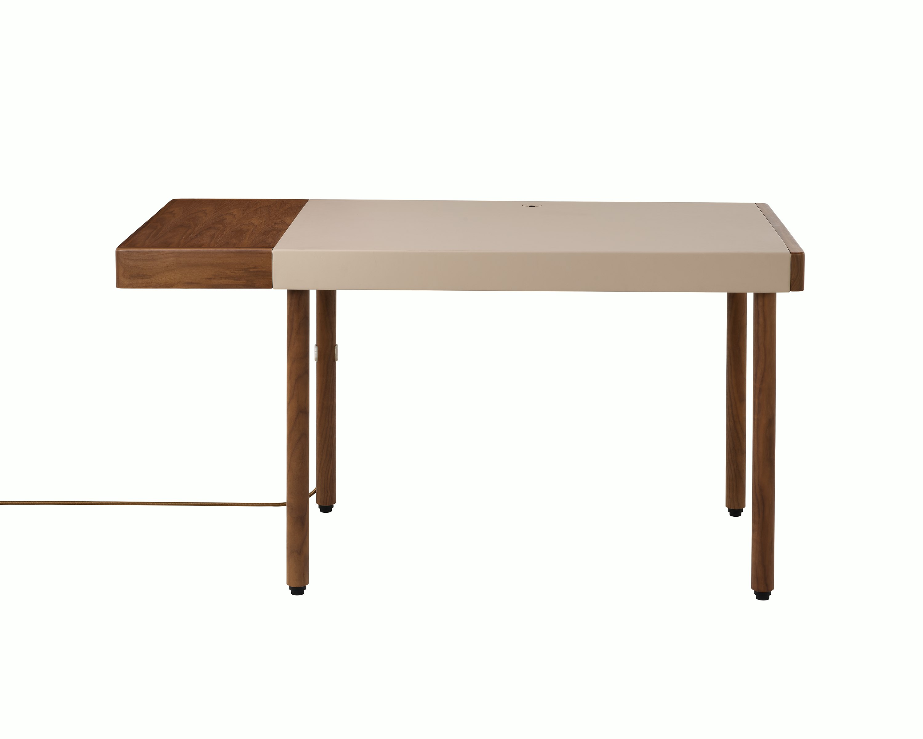 New Canaan Leatherwrap Sit-to-Stand Desk in Walnut and Champagne Leather, one drawer on left side with cord, front view.