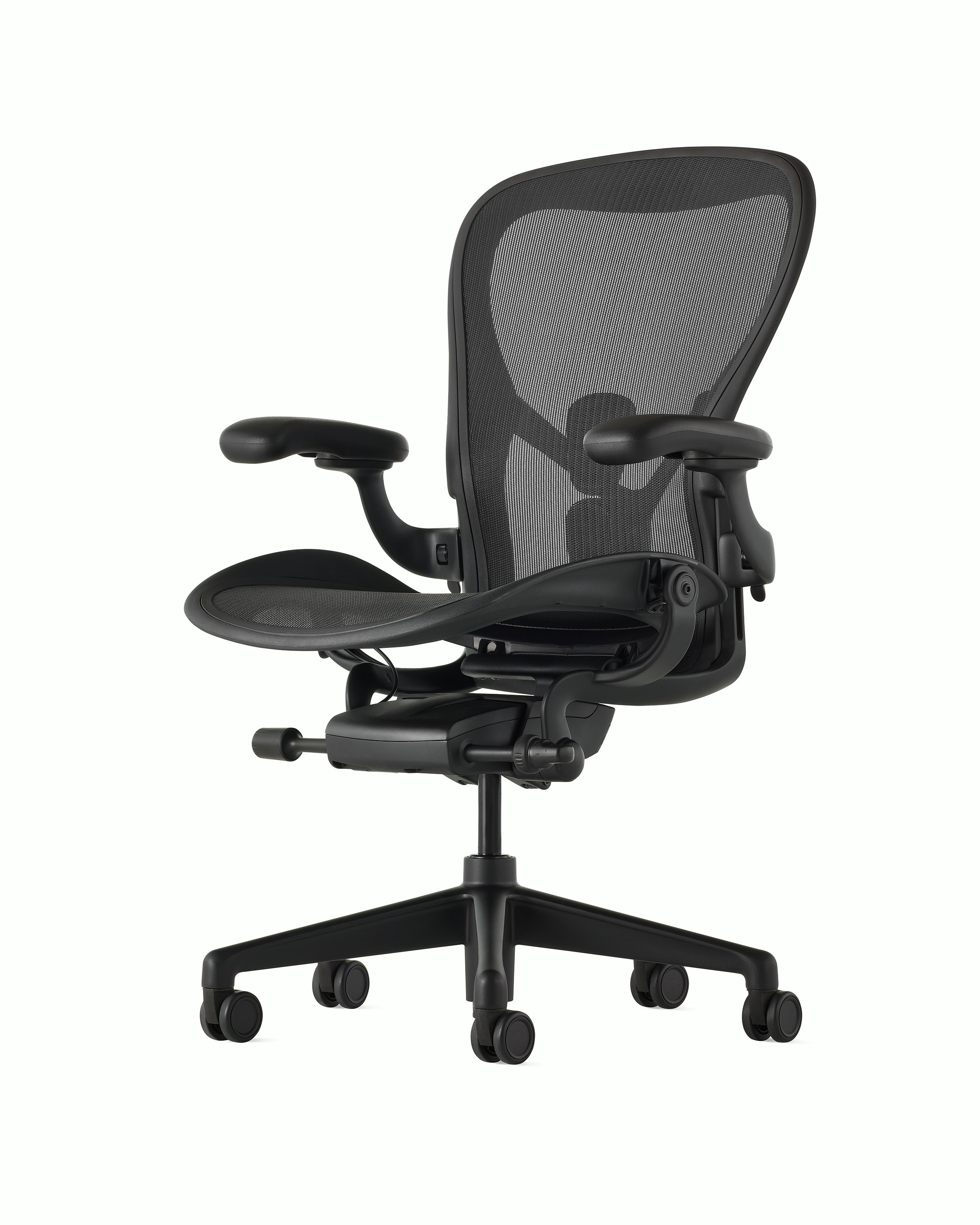 Black matte Aeron Chair on a white background with a 5-star base and ergonomic back support, angled view of the front.