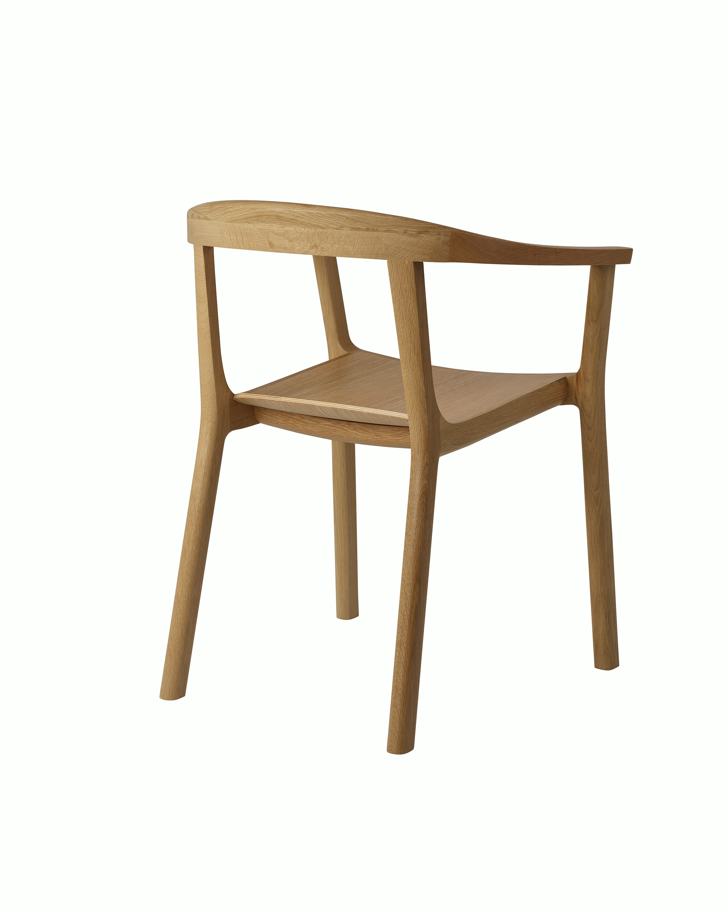 Lijn Armchair by Carole Baijings for Geiger in Natural Oak frame, angled back view on a white sweep.