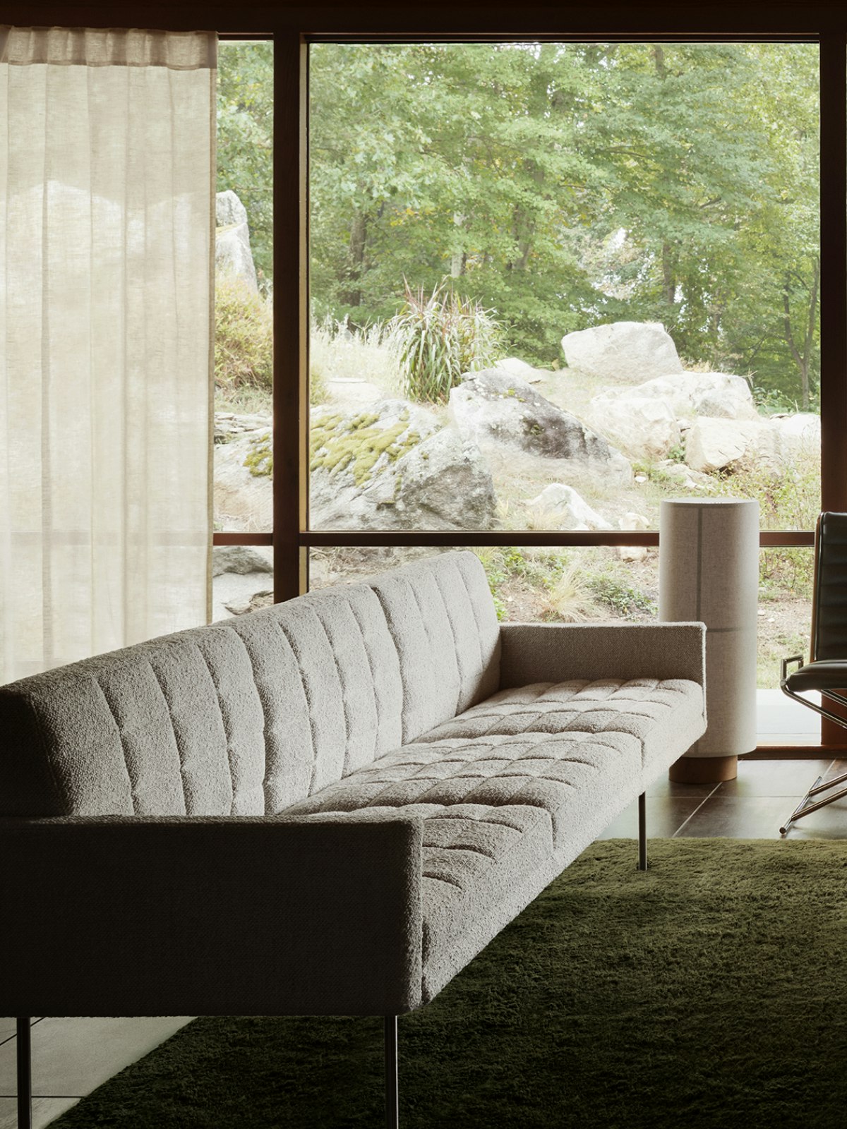 Tuxedo Component Sofa by Bassam Fellows; in Dove Prisina Textile; shown in a lounge setting.