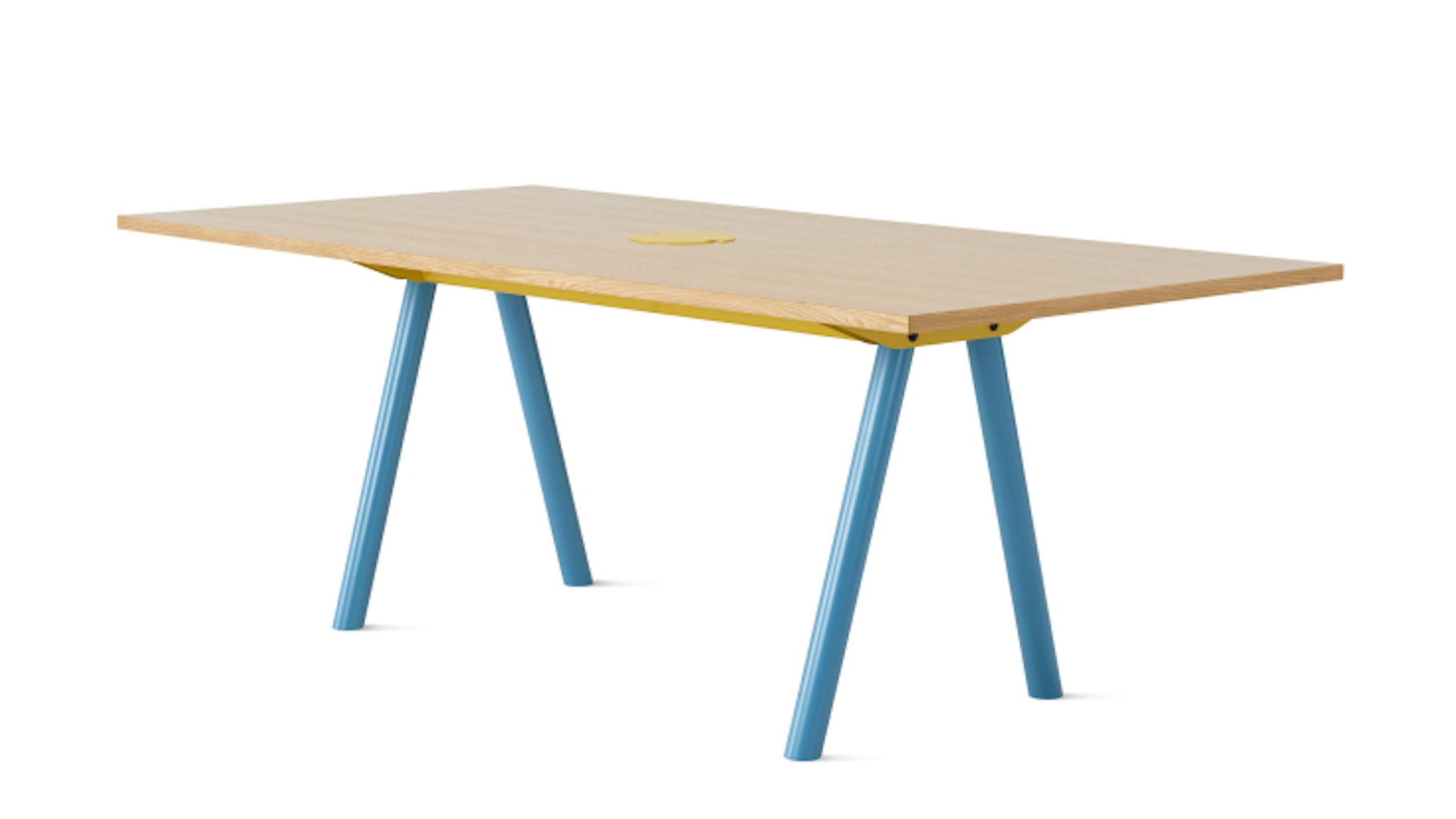 Wood tone Morse Table by NaughtOne with blue legs.