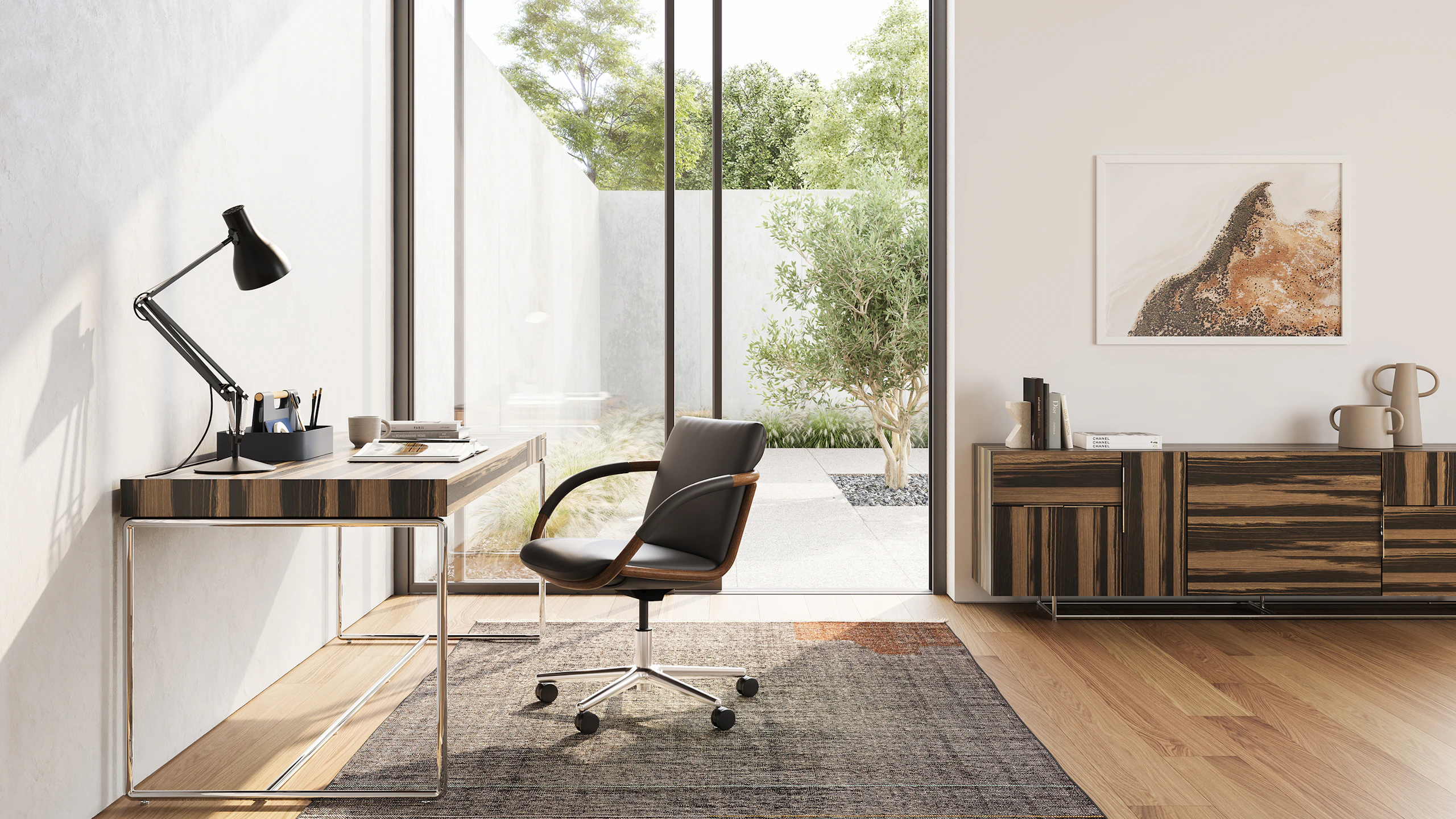 Full Loop Office Chair with a Domino Desk and Credenza in a home office setting.