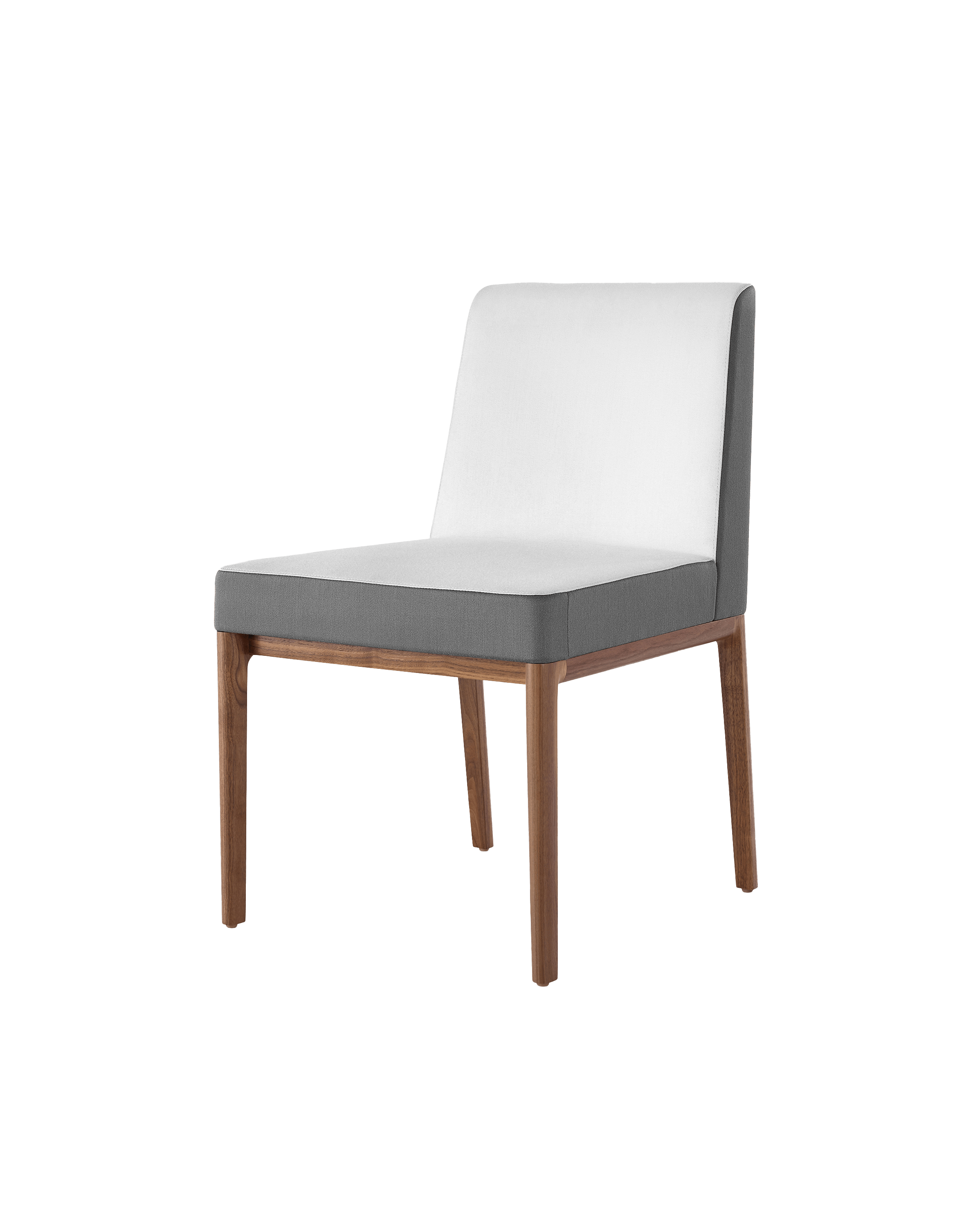 Angled view of an armless Nessel side chair with two-tone upholstery in off-white and gray.