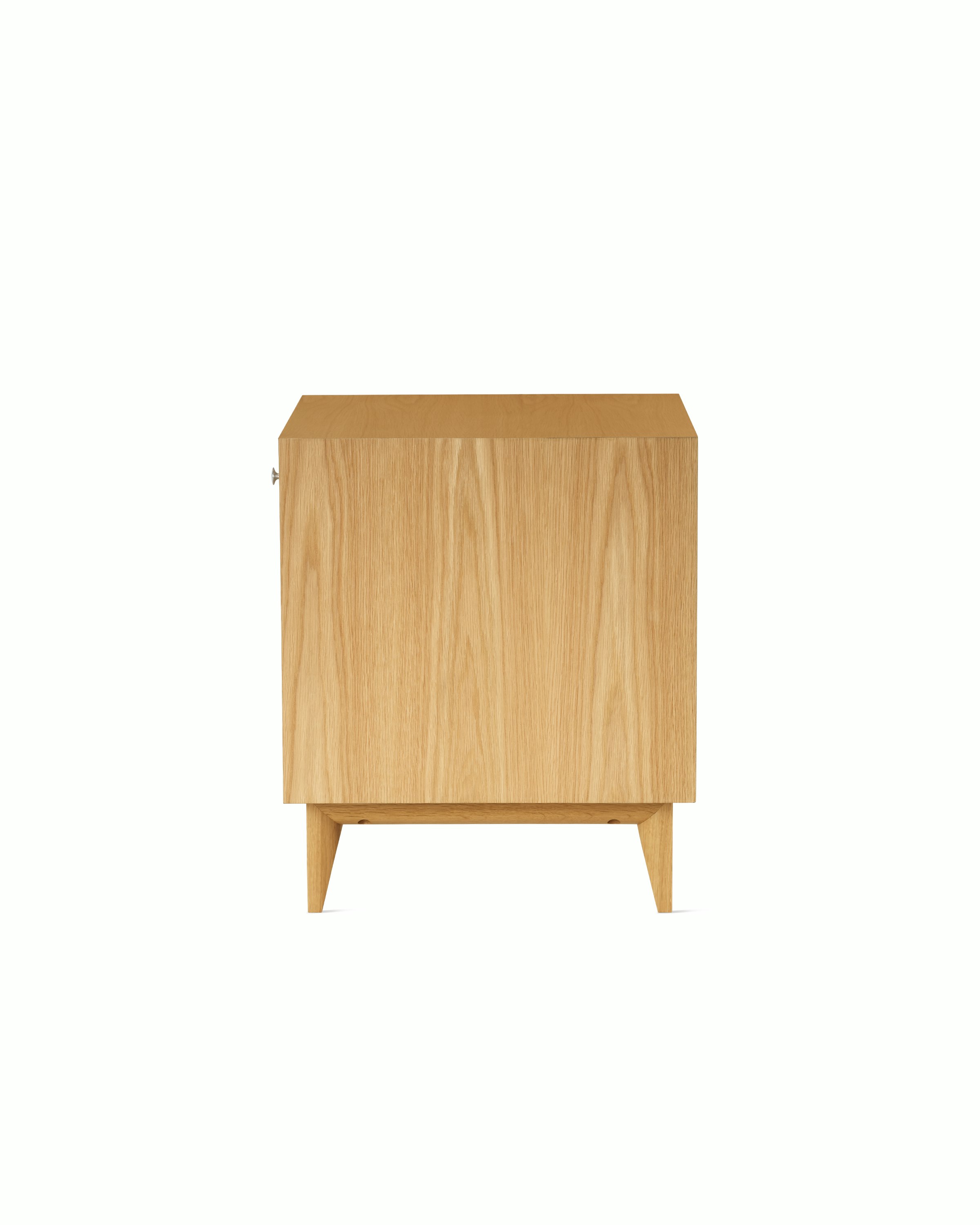 Nelson Basic Cabinet Series Bedside Table with one drawer, aluminum pull, open shelf, standard square legs, in natural oak.