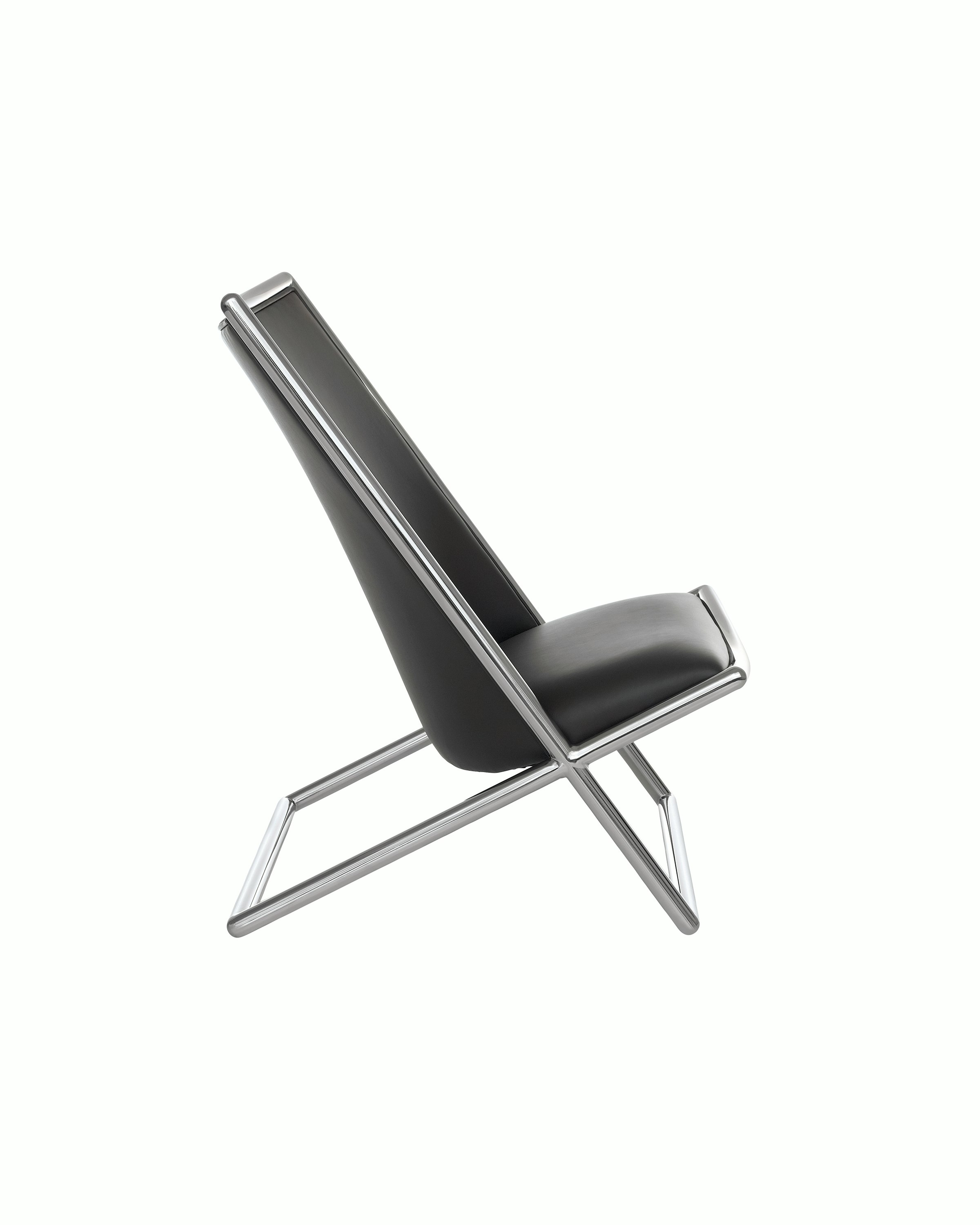 Side view of a Scissor lounge chair with black leather upholstery and a tubular steel frame.