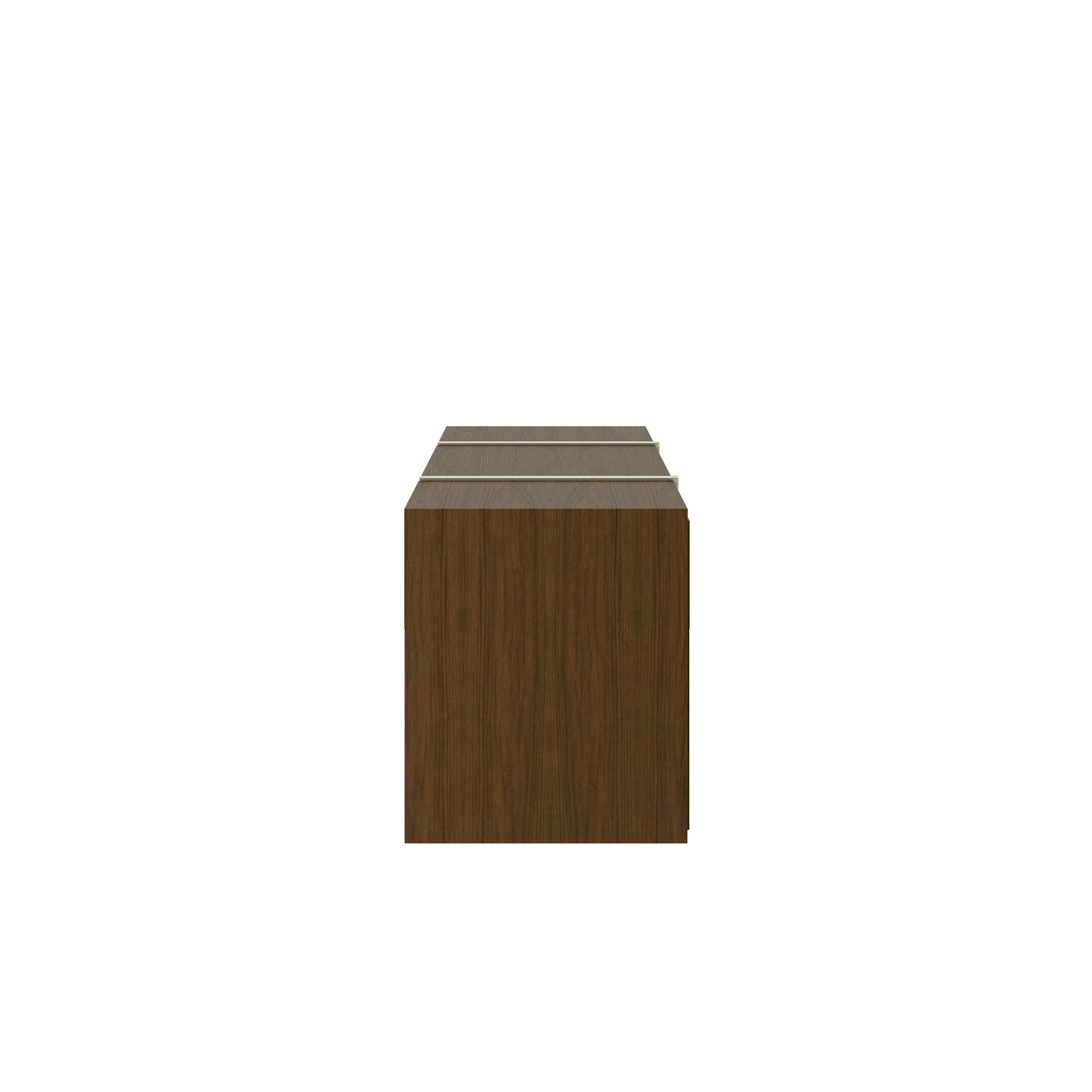 Highline Credenza in Natural Flat Cut Walnut with Satin Nickel Legs viewed from the side.