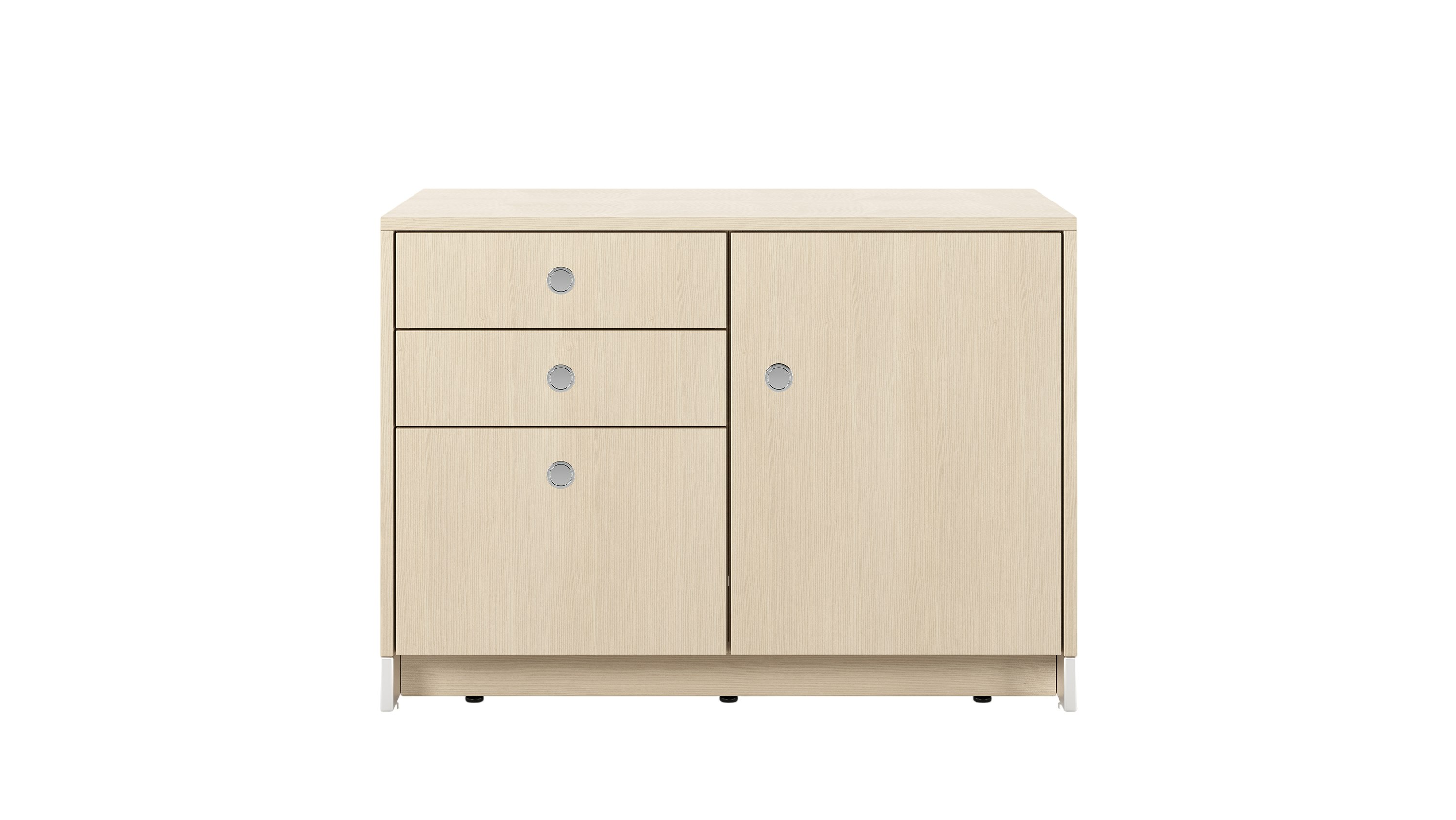 37.5 inch wide Sled Base Credenza with mixed storage in ash with a chrome base and pulls viewed from the front.