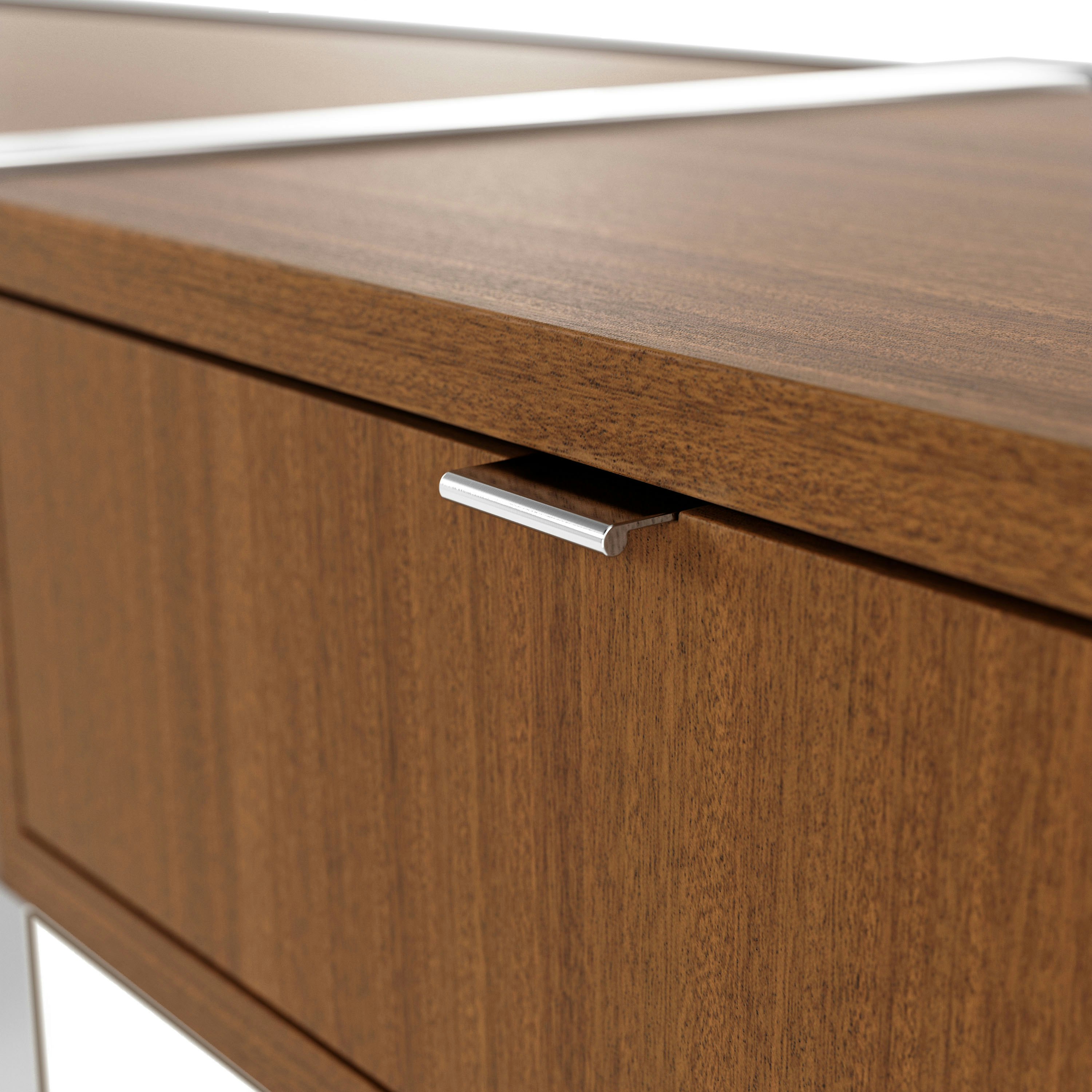Detail shot of pull tabs on Highline Credenza in Natural Quarter Cut Walnut with Polished Chrome legs and pull tabs. 