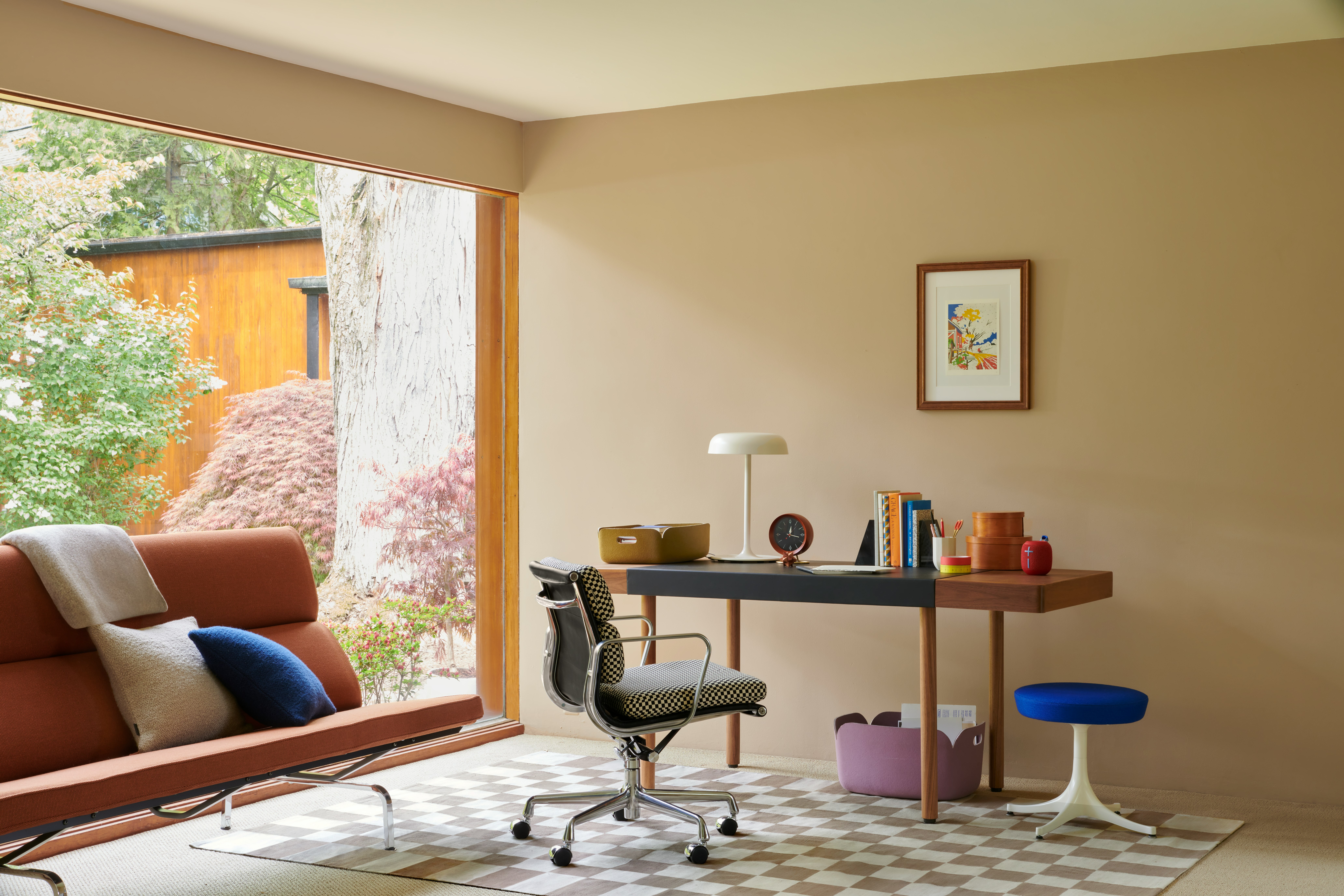 Leatherwrap Desk and Eames Aluminum Group in Checker