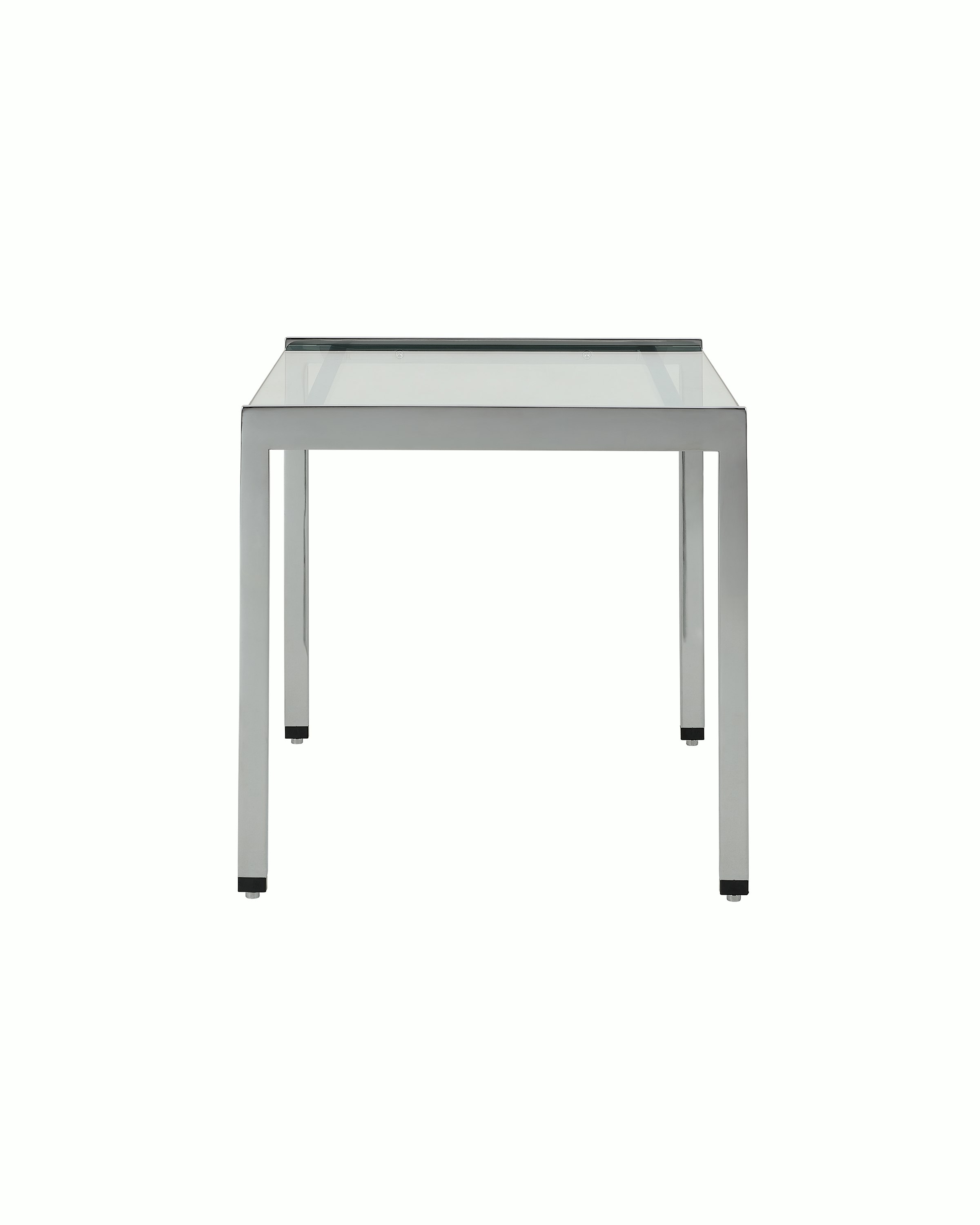 H Frame Side Table designed by Ward Bennett with a polished chrome base and a clear glass top, shown front-facing on a white sweep.